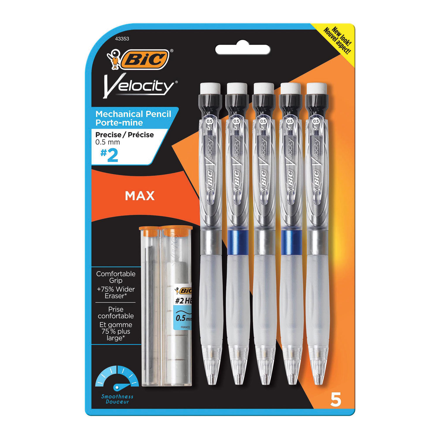  BIC MPMX5P51 Velocity Max Pencil, 0.5 mm, HB (#2), Black Lead, Assorted Barrel Colors, 5/Pack (BICMPMX5P51) 