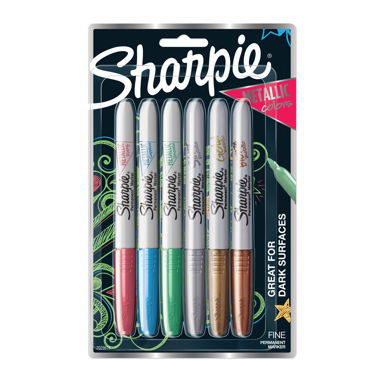  Sharpie 2029678 Metallic Fine Point Permanent Markers, Bullet Tip, Blue-Green-Red, 6/Pack (SAN2029678) 