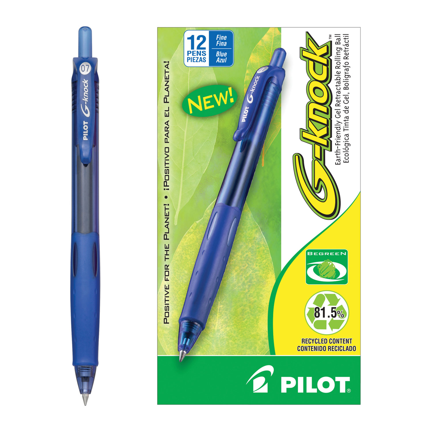  Pilot 31507 G-Knock BeGreen Retractable Gel Pen, Fine 0.7mm, Blue Ink/Barrel, Dozen (PIL31507) 