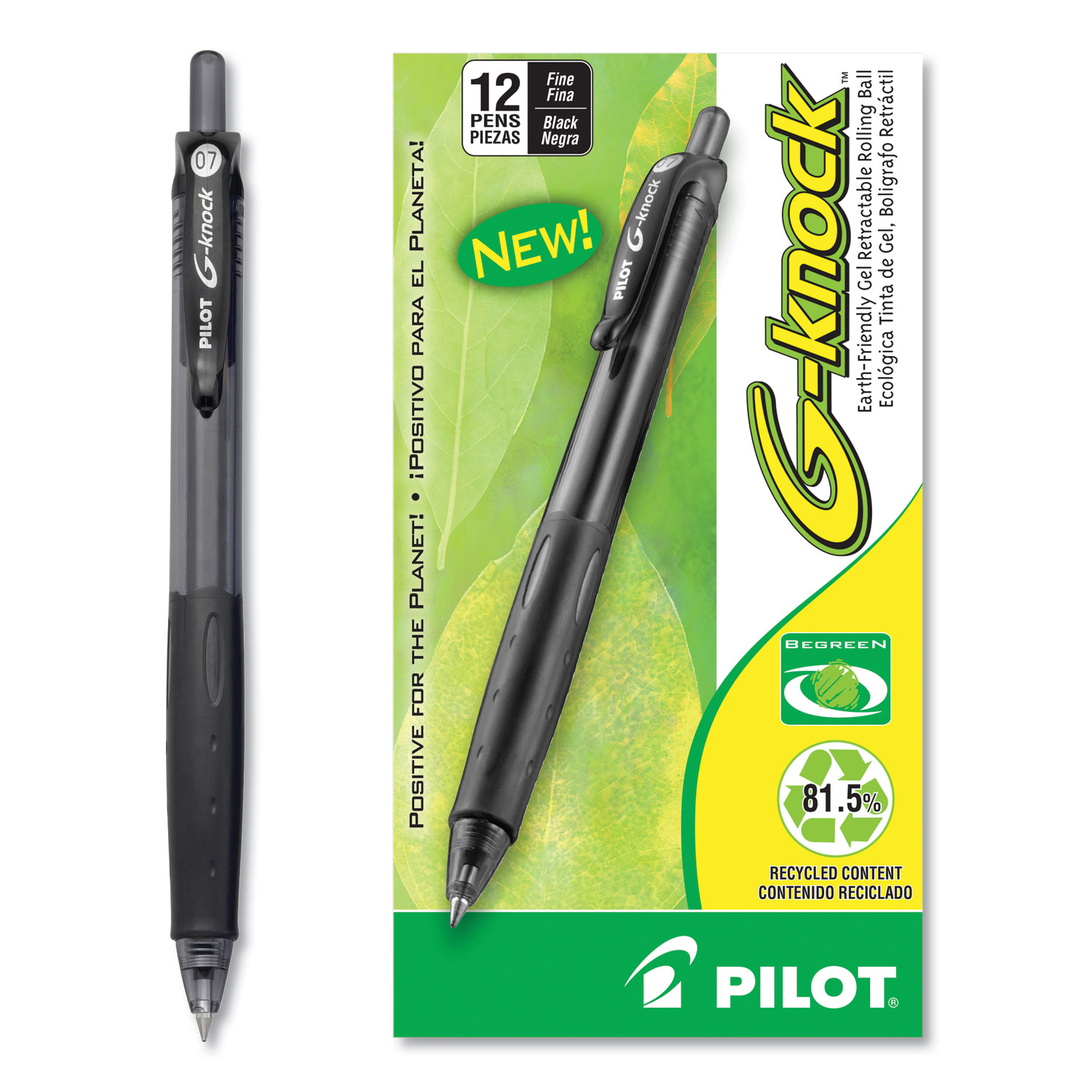  Pilot 31506 G-Knock BeGreen Retractable Gel Pen, Fine 0.7mm, Black Ink/Barrel, Dozen (PIL31506) 