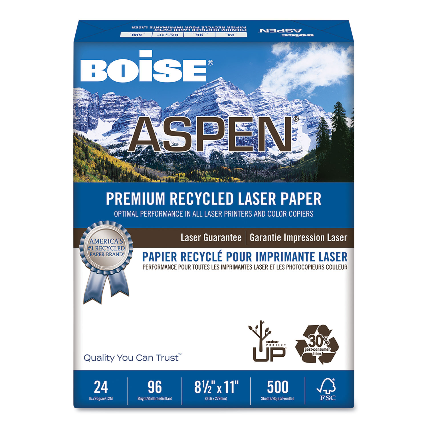  Boise BPL-2411-RC ASPEN Premium Laser Paper, 96 Bright, 24lb, 8.5 x 11, White, 500/Ream (CASBPL2411RC) 