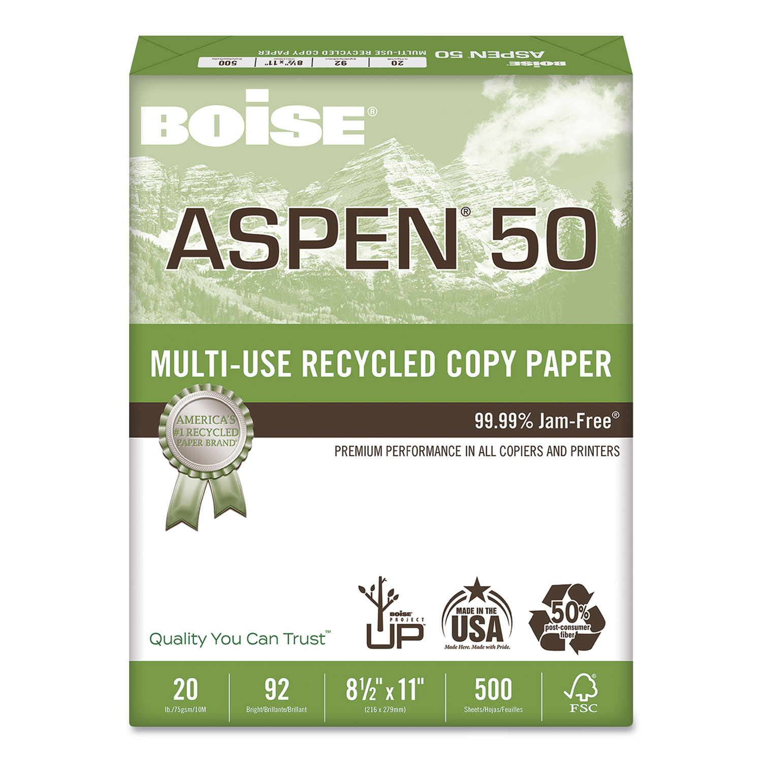  Boise 055011 ASPEN 50 Multi-Use Recycled Paper, 92 Bright, 20lb, 8.5 x 11, White, 500 Sheets/Ream, 10 Reams/Carton (CAS055011) 