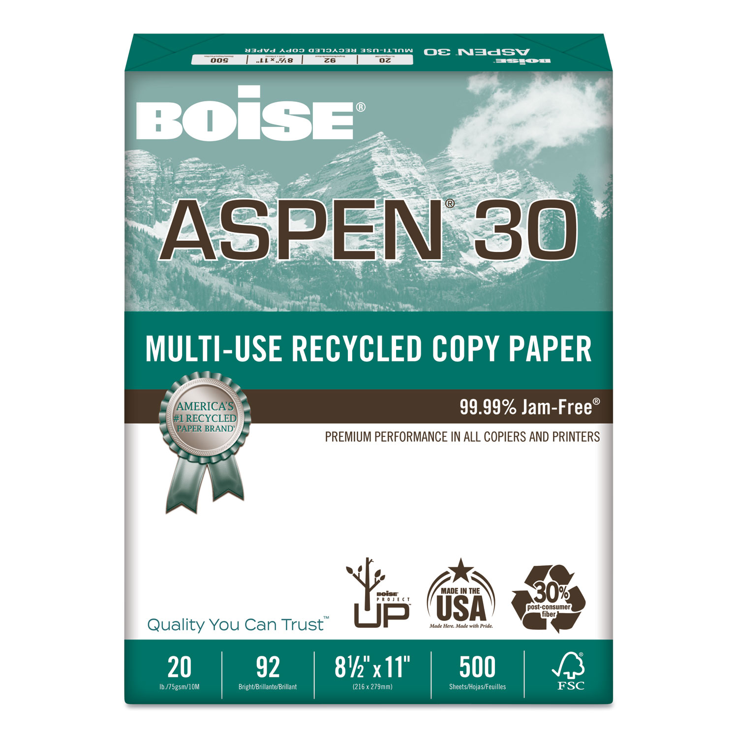 Boise 054901 ASPEN 30 Multi-Use Recycled Paper, 92 Bright, 20lb, 8.5 x 11, White, 500 Sheets/Ream, 10 Reams/Carton (CAS054901) 