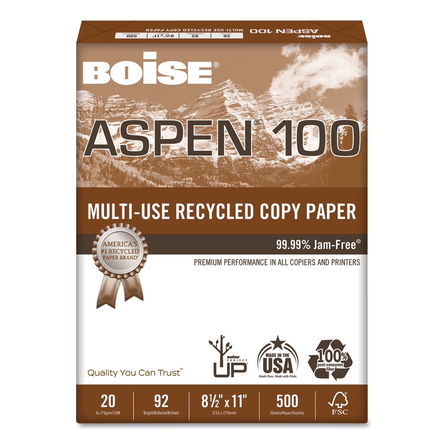  Boise 054922 ASPEN Multi-Use Recycled Paper, 92 Bright, 20lb, 8.5 x 11, White, 500 Sheets/Ream, 10 Reams/Carton (CAS054922) 