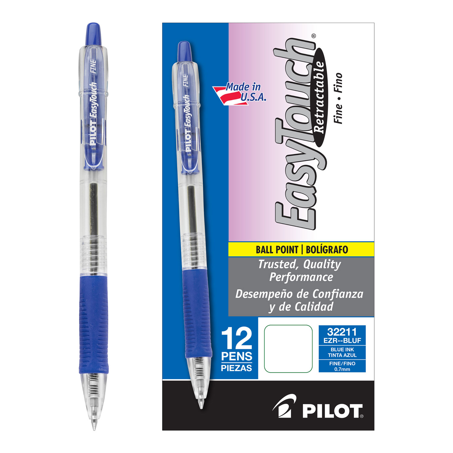  Pilot 32211 EasyTouch Retractable Ballpoint Pen, Fine 0.7mm, Blue Ink, Clear Barrel, Dozen (PIL32211) 