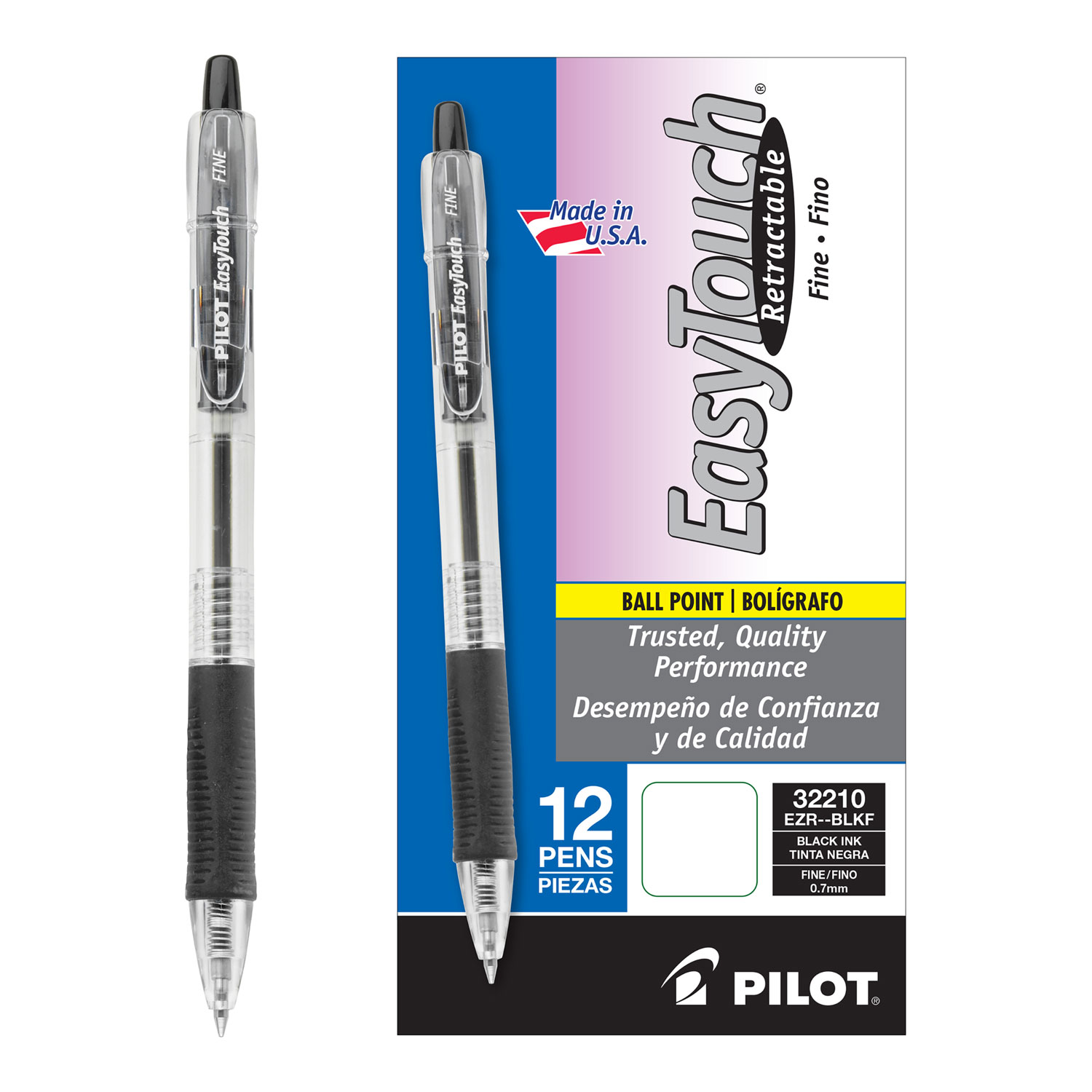  Pilot 32210 EasyTouch Retractable Ballpoint Pen, Fine 0.7mm, Black Ink, Clear Barrel, Dozen (PIL32210) 