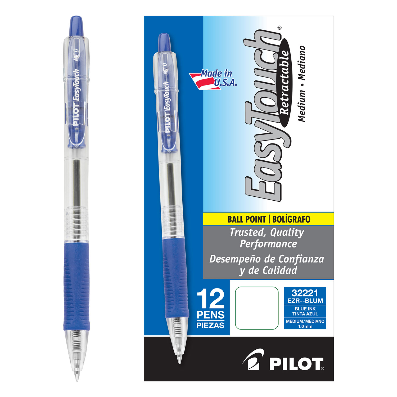  Pilot 32221 EasyTouch Retractable Ballpoint Pen, Medium 1mm, Blue Ink, Clear Barrel, Dozen (PIL32221) 