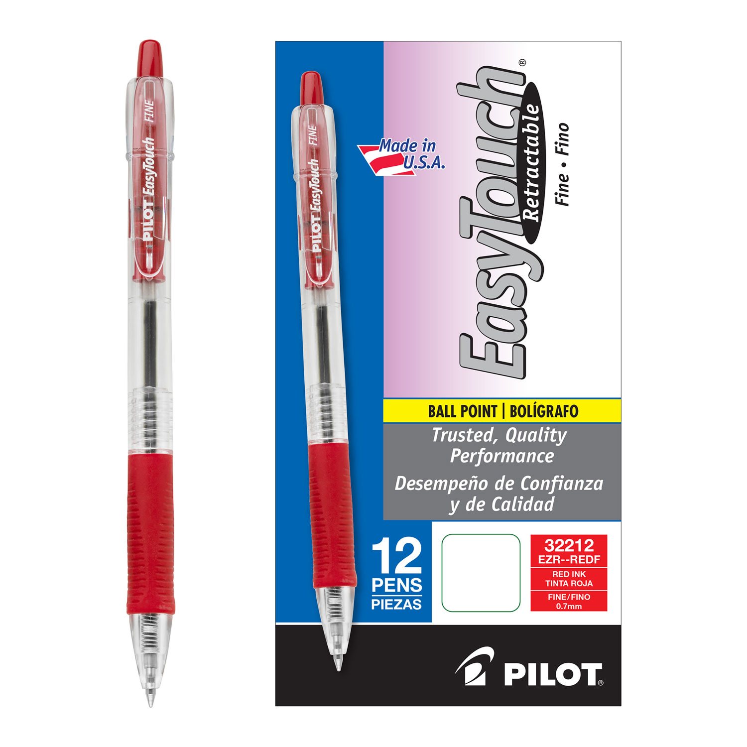  Pilot 32212 EasyTouch Retractable Ballpoint Pen, Fine 0.7mm, Red Ink, Clear Barrel, Dozen (PIL32212) 