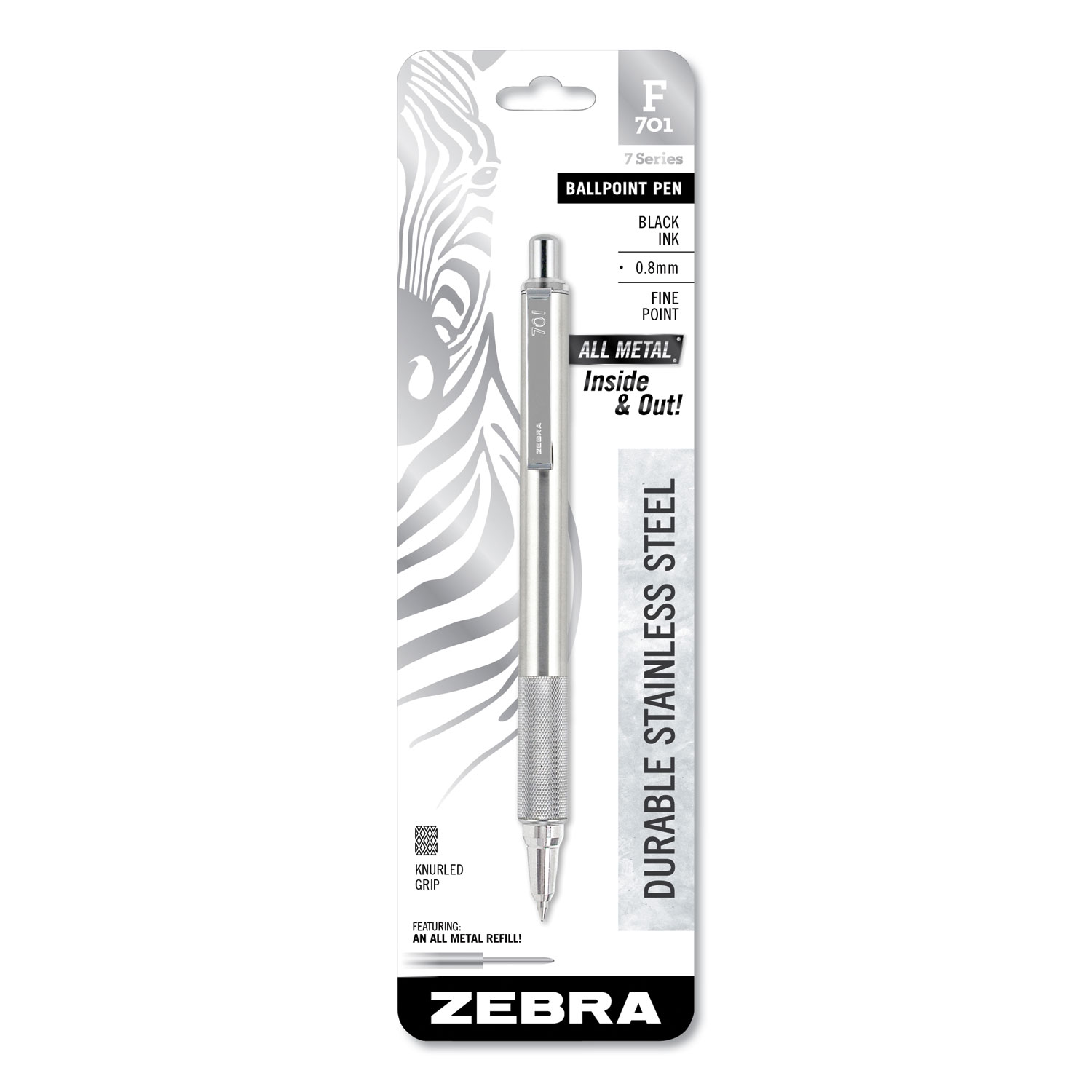  Zebra 29411 F-701 Retractable Ballpoint Pen, 0.7mm, Black Ink, Stainless Steel/Black Barrel (ZEB29411) 