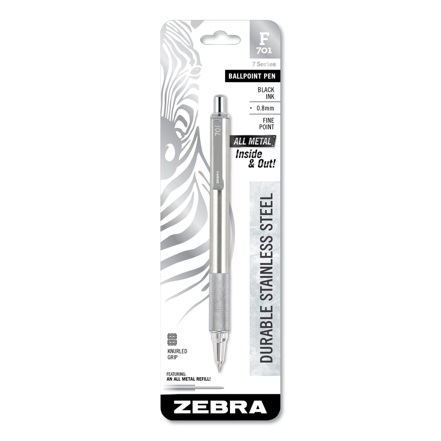 F-701 Ballpoint Pen, Retractable, Fine 0.7 mm, Black Ink, Stainless  Steel/Black Barrel - Zerbee