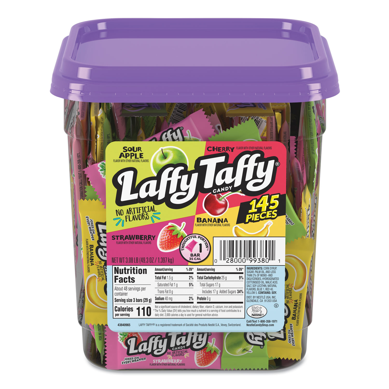  Nestlé 00028000941000 Wonka Assorted Flavor Laffy Taffy, 3.08 lb, 145 Wrapped Pieces/Tub (NES48749) 