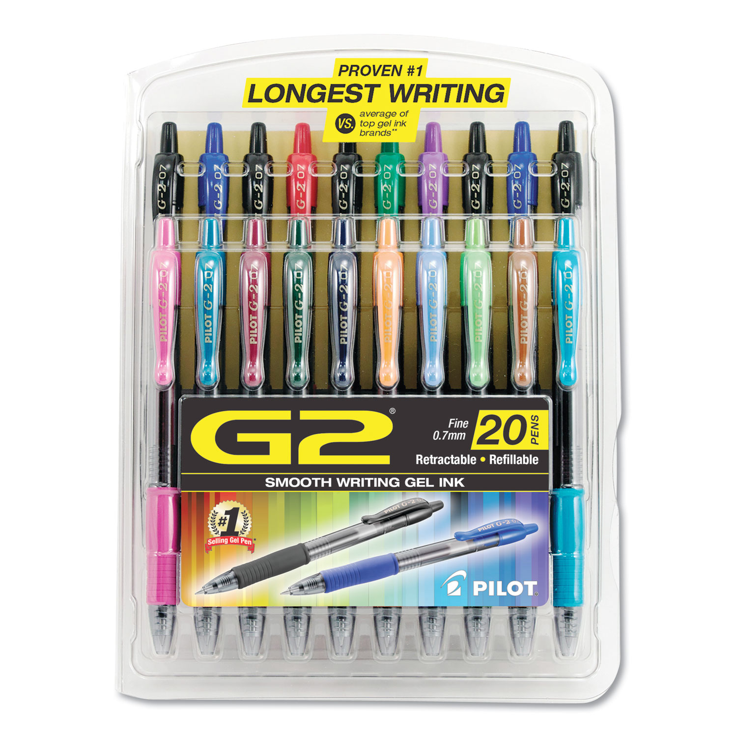  Pilot 31294 G2 Premium Retractable Gel Pen, Fine 0.7mm, Assorted Ink/Barrel, 20/Set (PIL31294) 