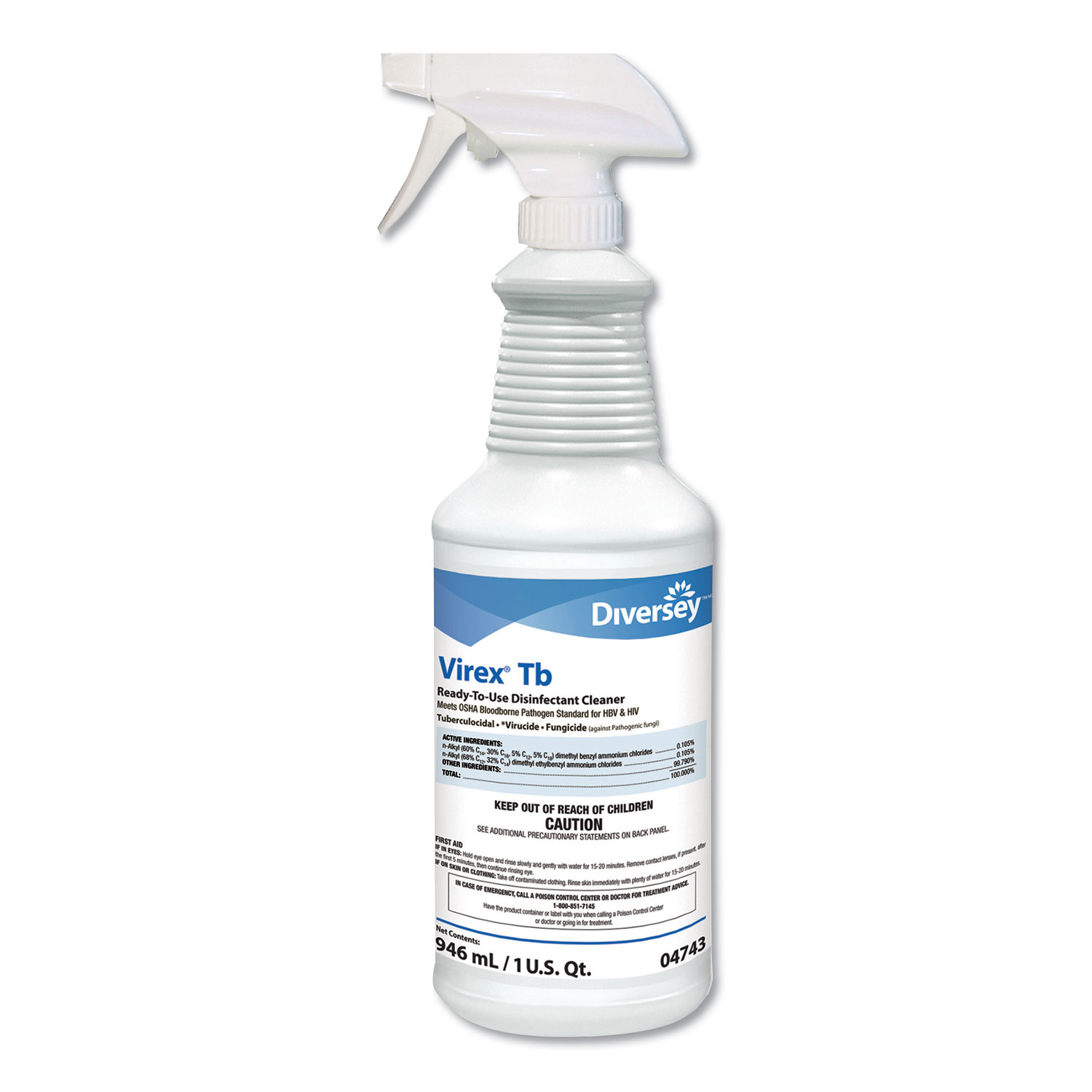  Diversey 04743. Virex TB Disinfectant Cleaner, Lemon Scent, Liquid, 32 oz Bottle, 12/Carton (DVO04743) 
