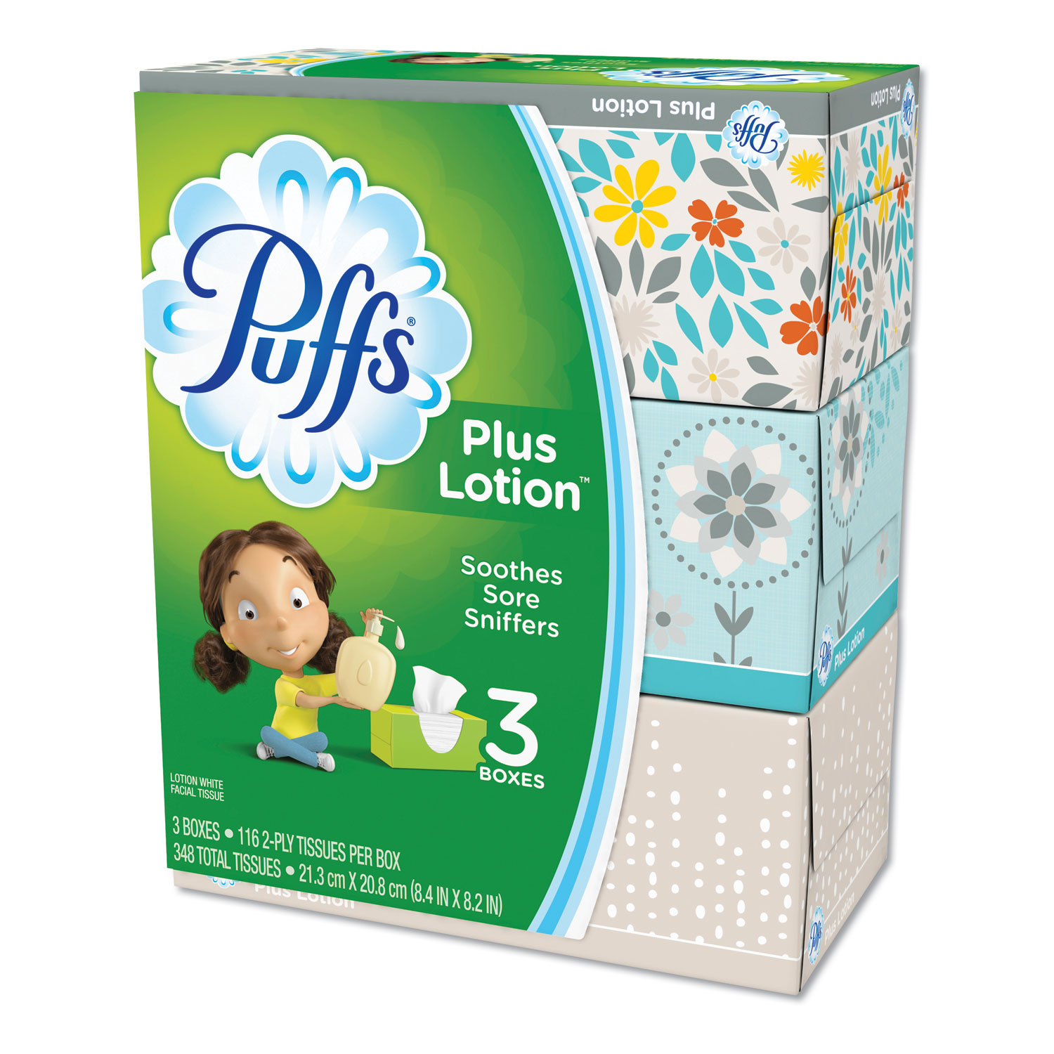  Puffs 82086 Plus Lotion Facial Tissue, White, 2-Ply, 116 Sheets/Box, 3 Boxes/Pack (PGC82086) 