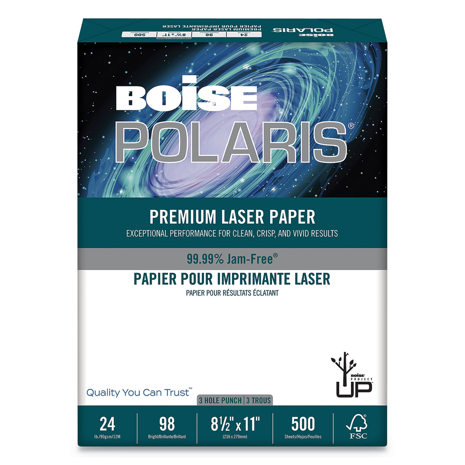 POLARIS Premium Laser Paper, 97 Bright, 3-Hole, 24lb, 8.5 x 11, White, 500/Ream