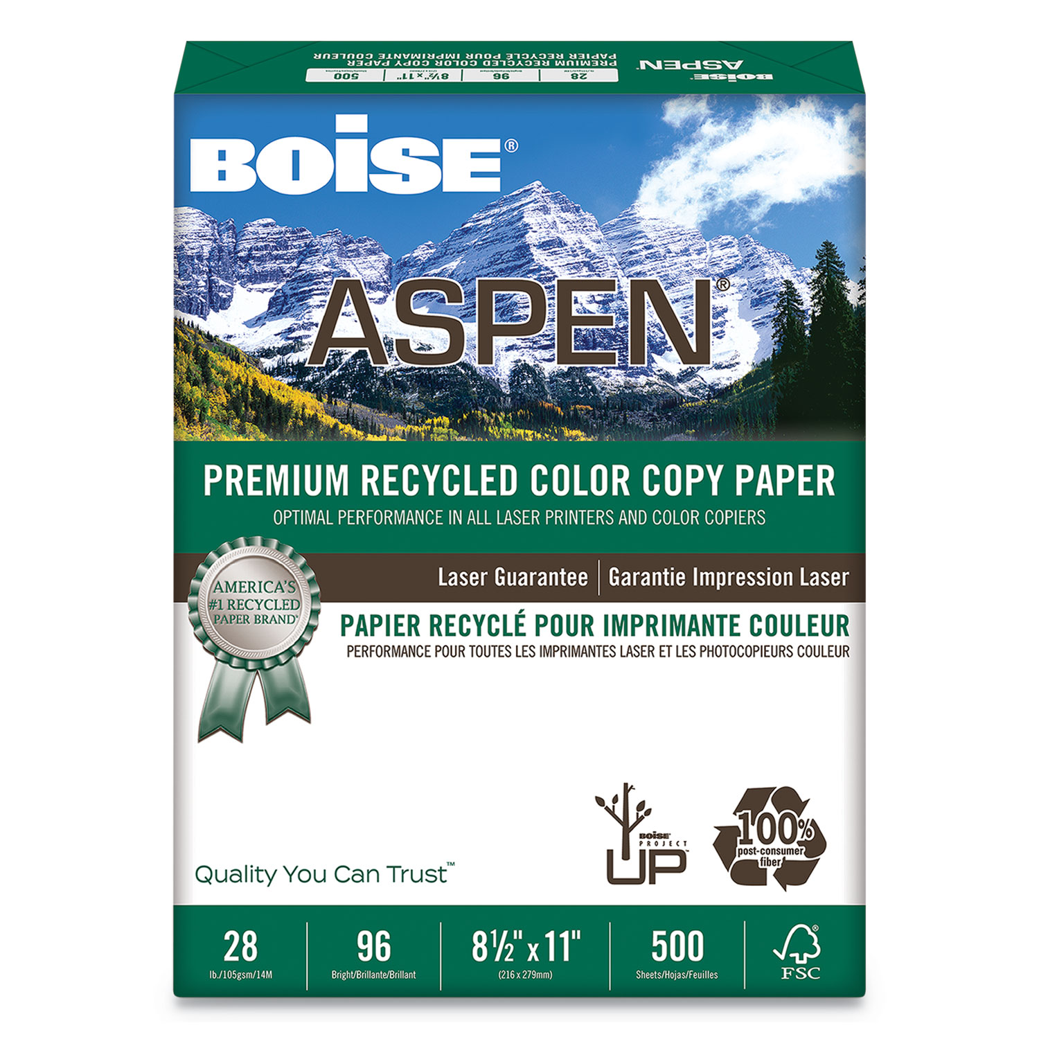 ASPEN Premium Color Copy Paper, 96 Bright, 28lb, 8.5 x 11, White, 500/Ream