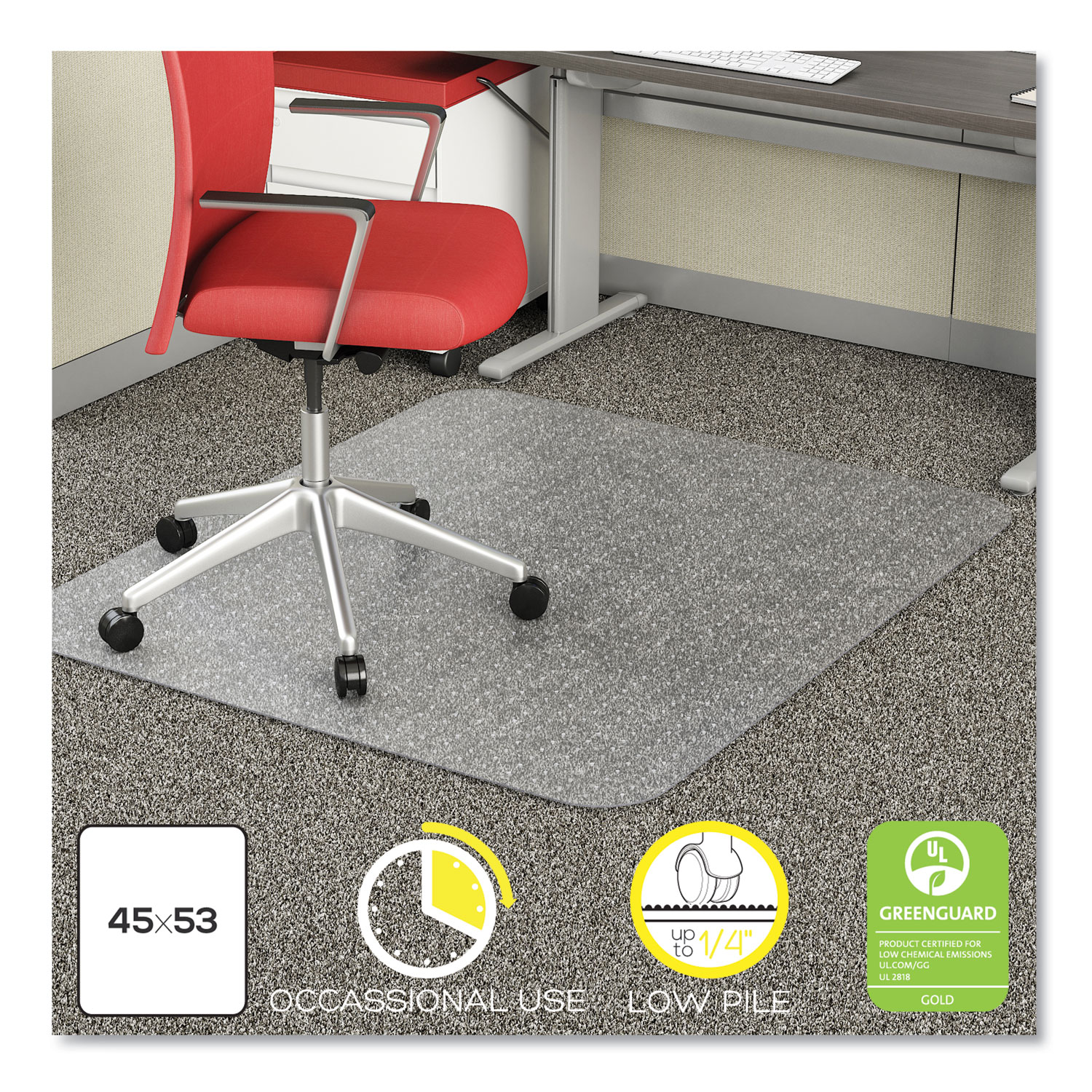 Glide Right Vinyl Chair Mat Clear Rectangular for Low Pile Carpeted Floors 45 x 53 