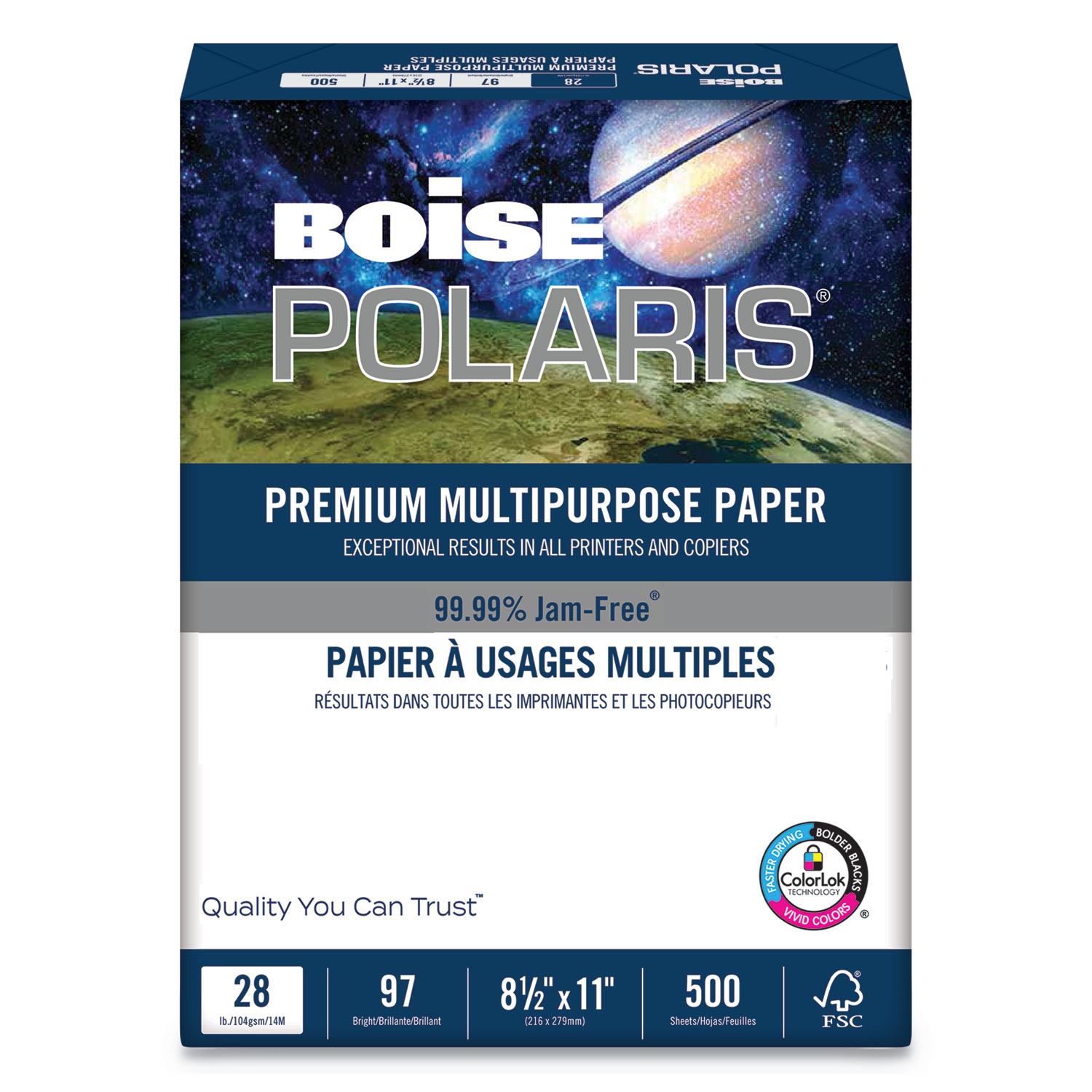  Boise POL-2811 POLARIS Premium Multipurpose Paper, 97 Bright, 28lb, 8.5 x 11, White, 500 Sheets/Ream, 6 Reams/Carton (CASPOL2811) 