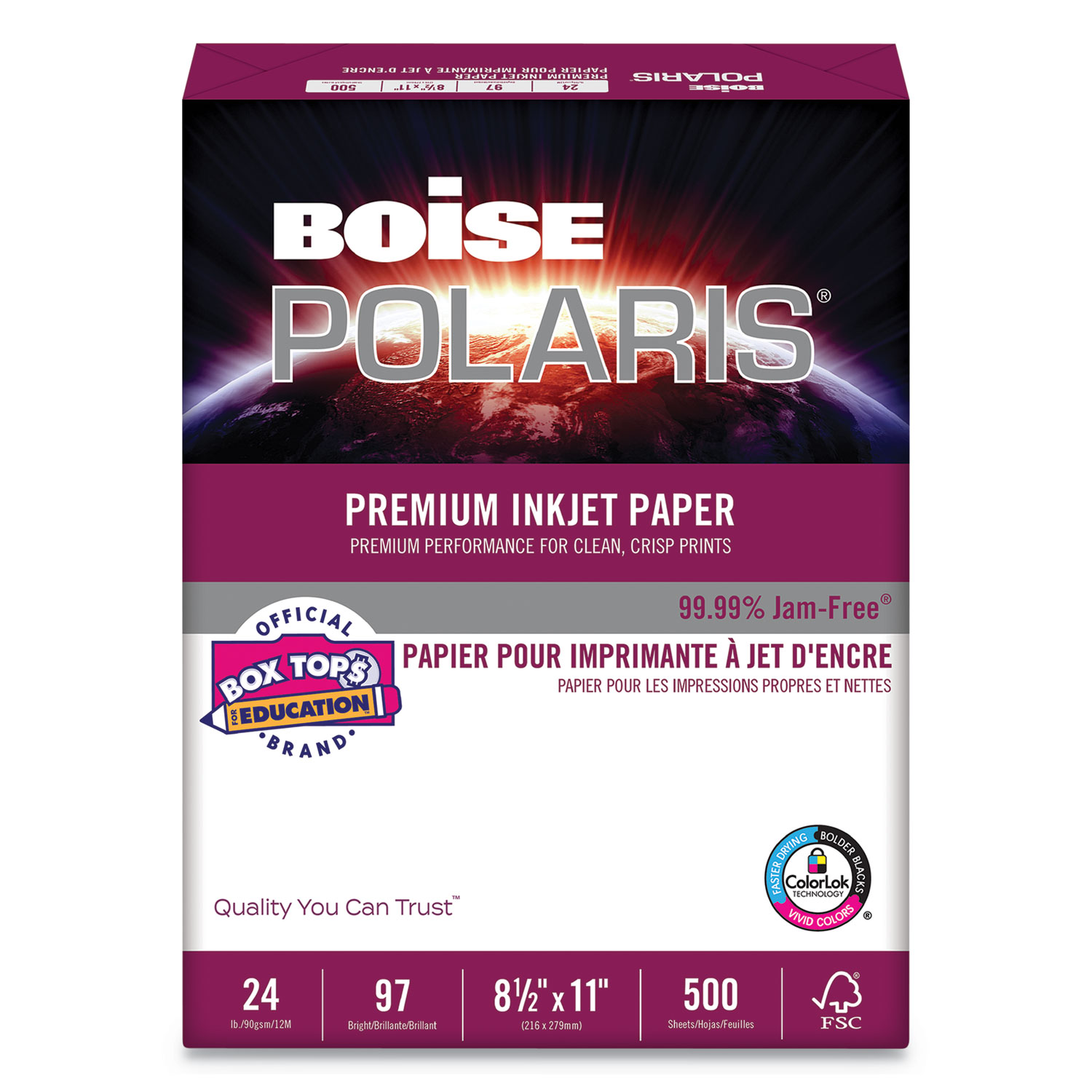  Boise PP9624 POLARIS Premium Inkjet Paper, 97 Bright, 24lb, 8.5 x 11, White, 500/Ream (CASPP9624) 