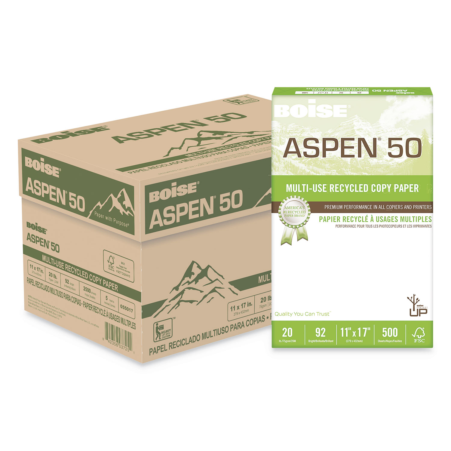  Boise CAS055017 ASPEN 50 Multi-Use Recycled Paper, 96 Bright, 20lb, 11 x 17, White, 500 Sheets/Ream, 5 Reams/Carton (CAS055017) 