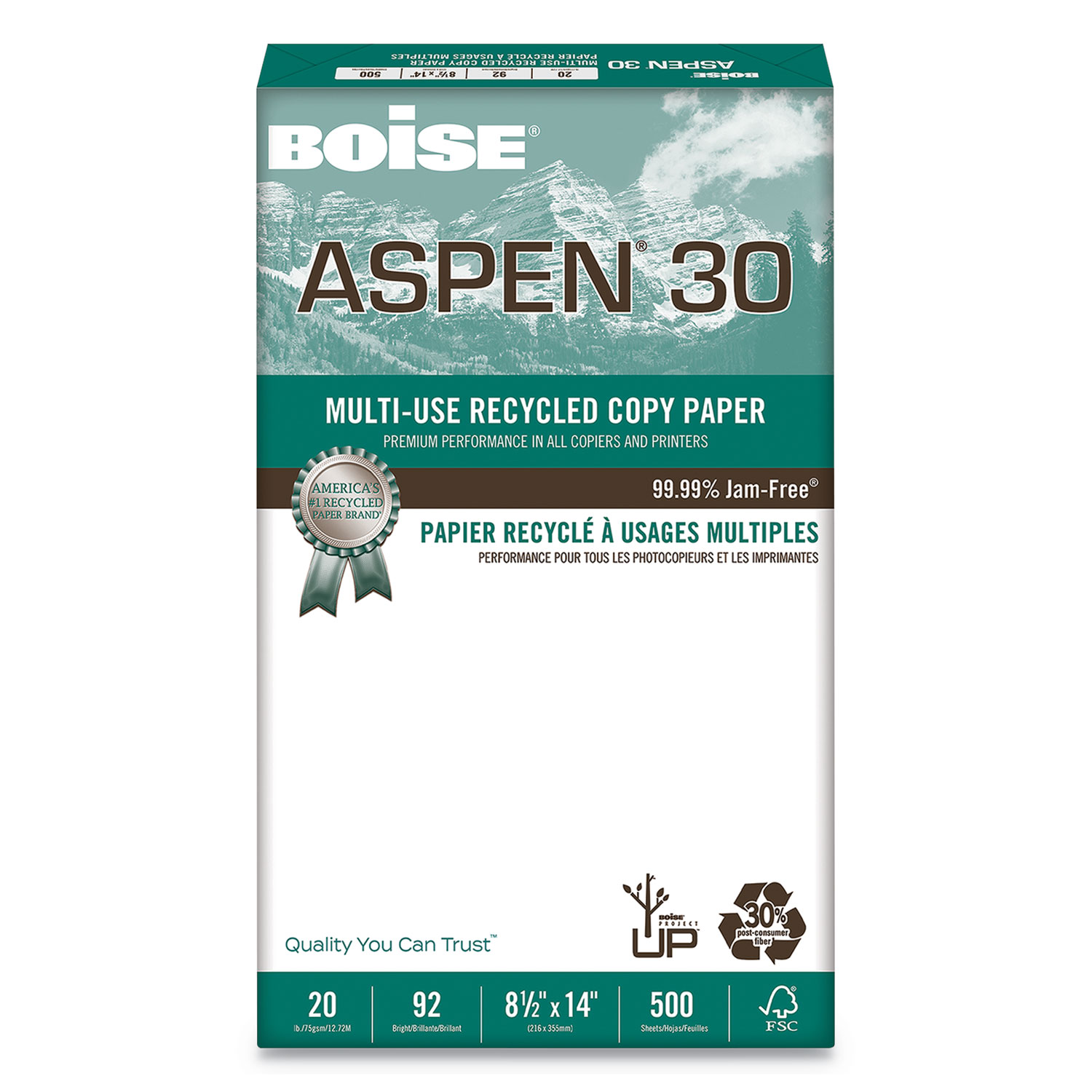  Boise 054904 ASPEN 30 Multi-Use Recycled Paper, 92 Bright, 20lb, 8.5 x 14, White, 500 Sheets/Ream, 10 Reams/Carton (CAS054904) 