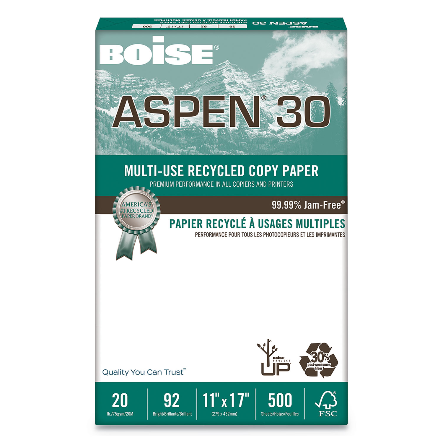  Boise 054907 ASPEN 30 Multi-Use Recycled Paper, 92 Bright, 20lb, 11 x 17, White, 500 Sheets/Ream, 5 Reams/Carton (CAS054907) 