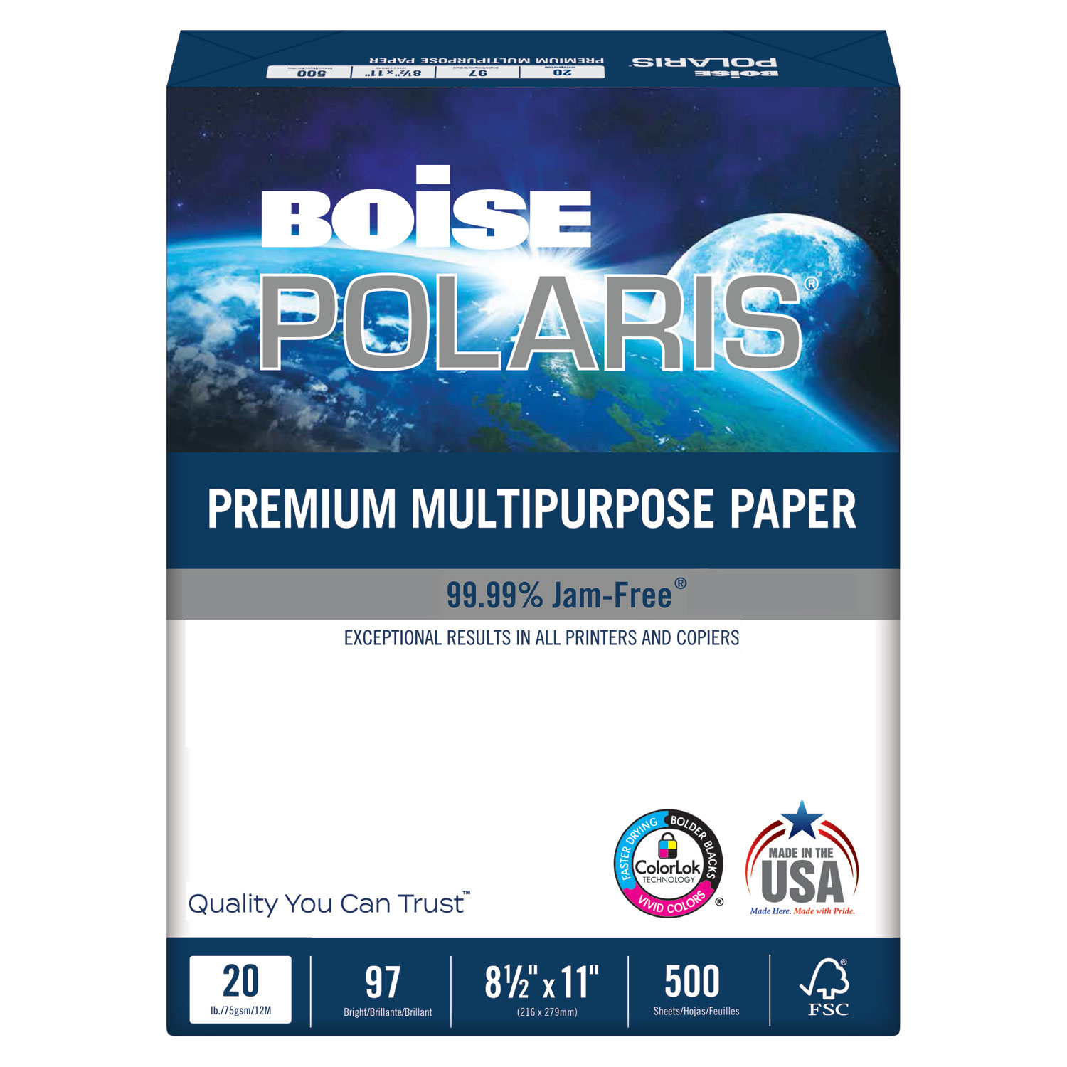  Boise POL-8511 POLARIS Premium Multipurpose Paper, 97 Bright, 20lb, 8.5 x 11, White, 500 Sheets/Ream, 10 Reams/Carton (CASPOL8511) 