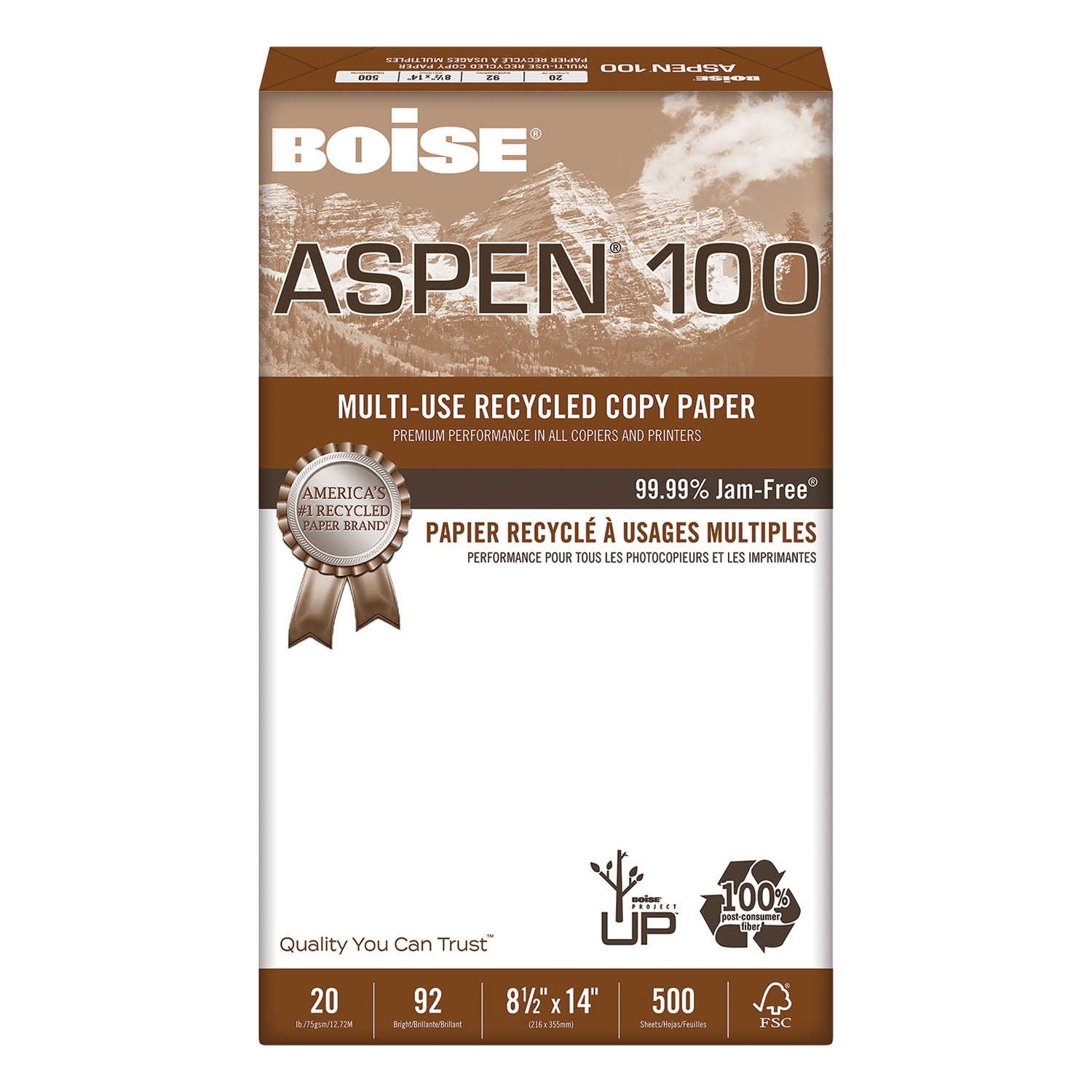  Boise 054924 ASPEN Multi-Use Recycled Paper, 92 Bright, 20lb, 8.5 x 14, White, 500 Sheets/Ream, 10 Reams/Carton (CAS054924) 
