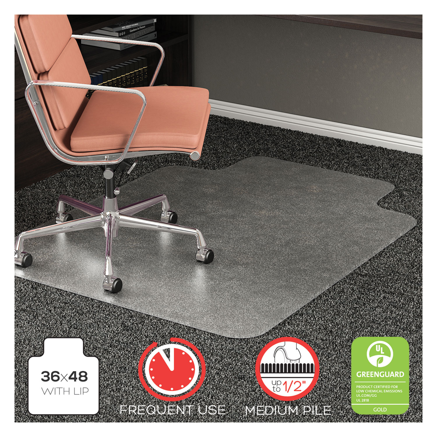 deflecto CM15113 RollaMat Frequent Use Chair Mat, Med Pile Carpet, Flat, 36 x 48, Lipped, Clear (DEFCM15113) 