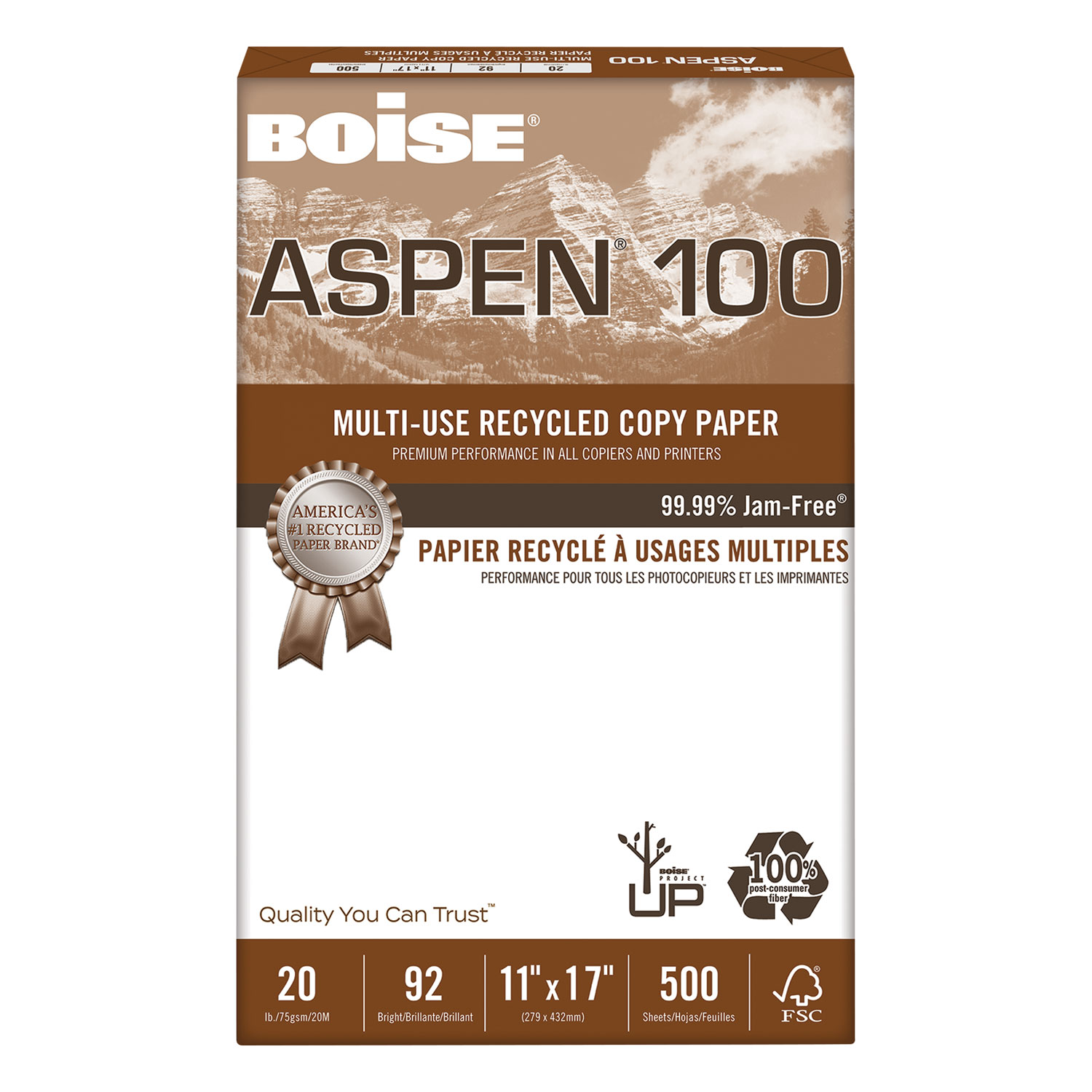 Boise 054925 ASPEN Multi-Use Recycled Paper, 92 Bright, 20lb, 11 x 17, White, 500 Sheets/Ream, 5 Reams/Carton (CAS054925) 