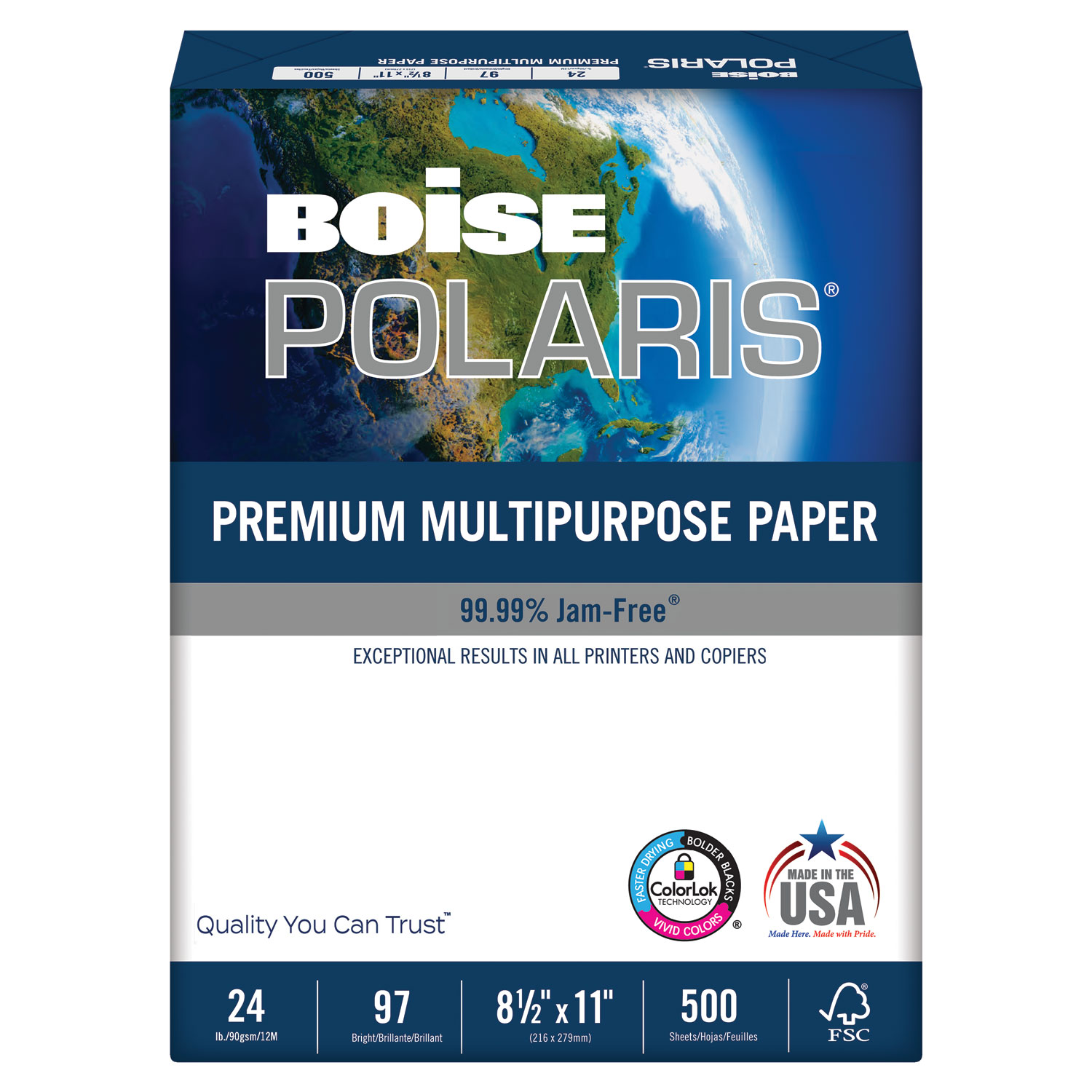  Boise POL-2411 POLARIS Premium Multipurpose Paper, 97 Bright, 24lb, 8.5 x 11, White, 500 Sheets/Ream, 10 Reams/Carton (CASPOL2411) 