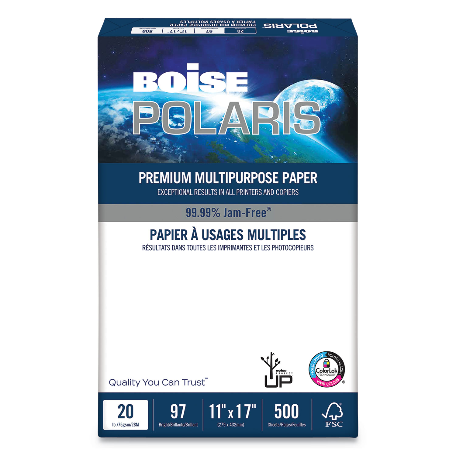  Boise POL-1117 POLARIS Premium Multipurpose Paper, 97 Bright, 20lb, 11 x 17, White, 500 Sheets/Ream, 5 Reams/Carton (CASPOL1117) 
