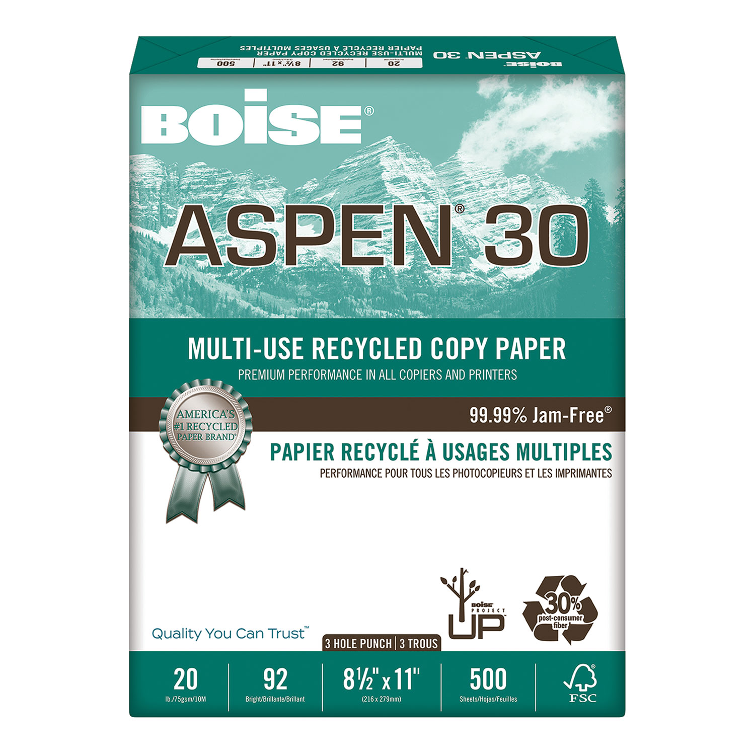  Boise 054901-P ASPEN 30 Multi-Use Recycled Paper, 92 Bright, 3-Hole, 20lb, 8.5 x 11, White, 500 Sheets/Ream, 10 Reams/Carton (CAS054901P) 