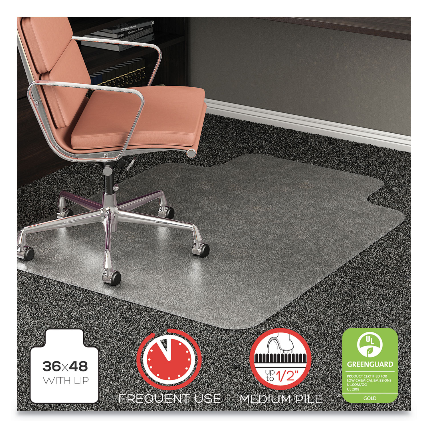  deflecto CM15113COM RollaMat Frequent Use Chair Mat, Med Pile Carpet, Roll, 36 x 48, Lipped, Clear (DEFCM15113COM) 