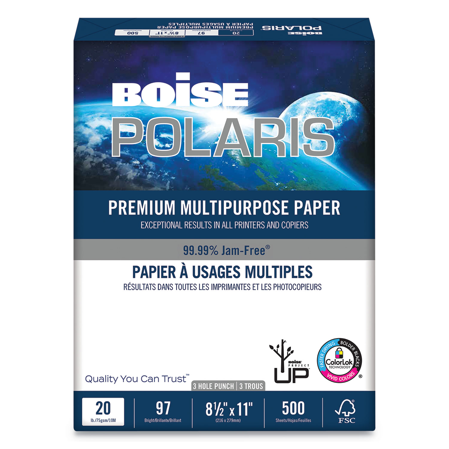  Boise POL-8511-P POLARIS Premium Multipurpose Paper, 97 Bright, 3-Hole, 20lb, 8.5 x 11, White, 500 Sheets/Ream, 10 Reams/Carton (CASPOL8511P) 
