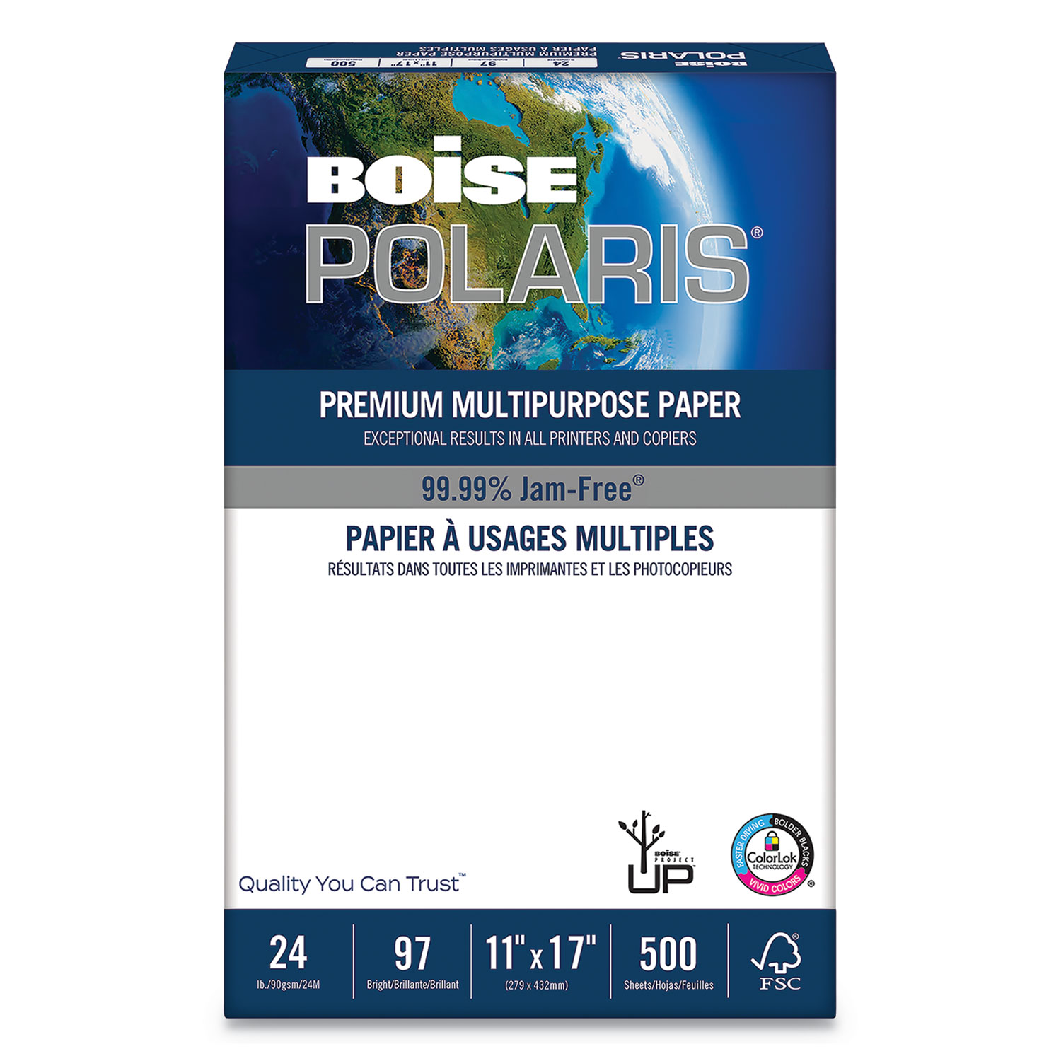  Boise POL-2417 POLARIS Premium Multipurpose Paper, 97 Bright, 24lb, 11 x 17, White, 500 Sheets/Ream, 5 Reams/Carton (CASPOL2417) 