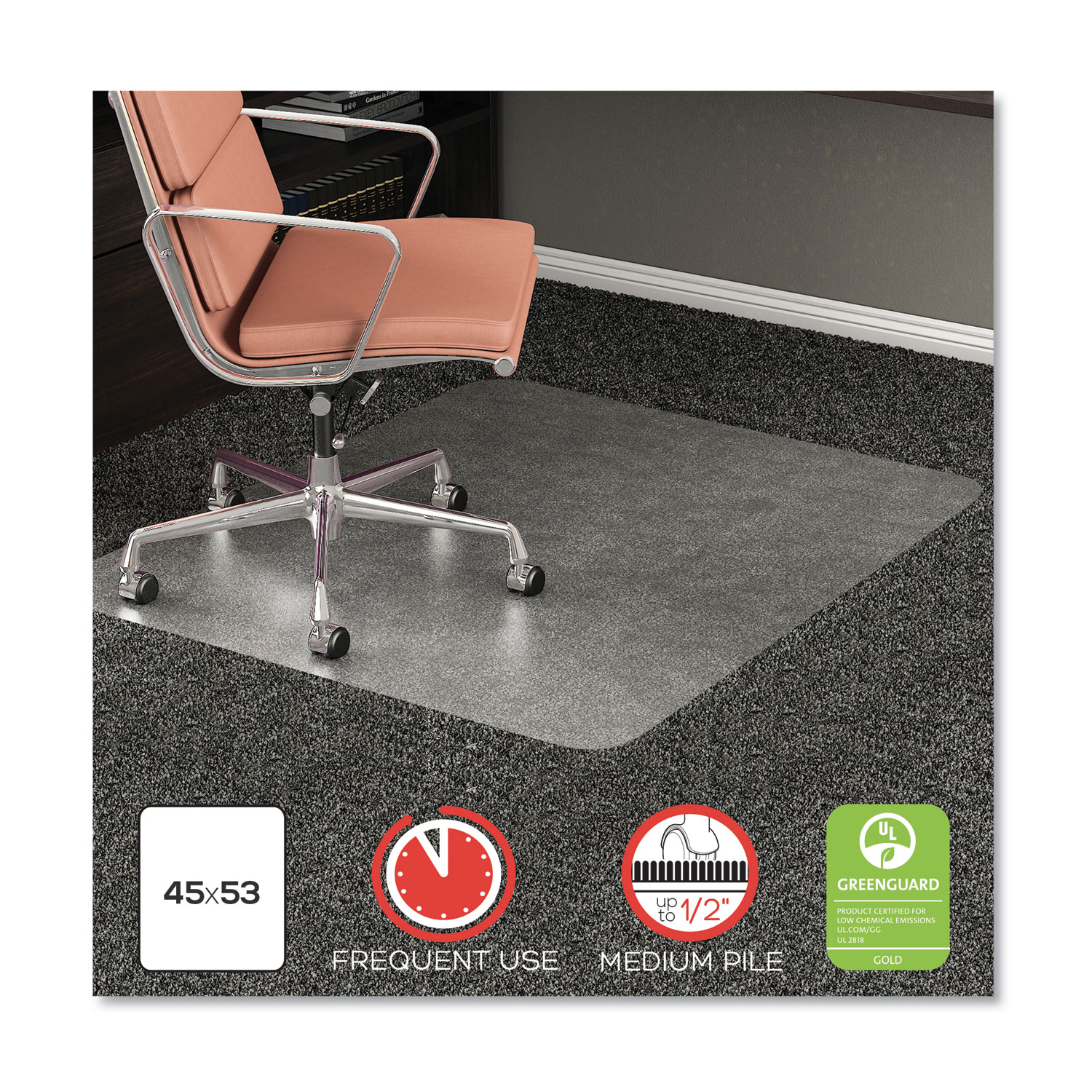  deflecto CM15242COM RollaMat Frequent Use Chair Mat for Medium Pile Carpet, 45 x 53, Rectangular, Clear (DEFCM15242COM) 