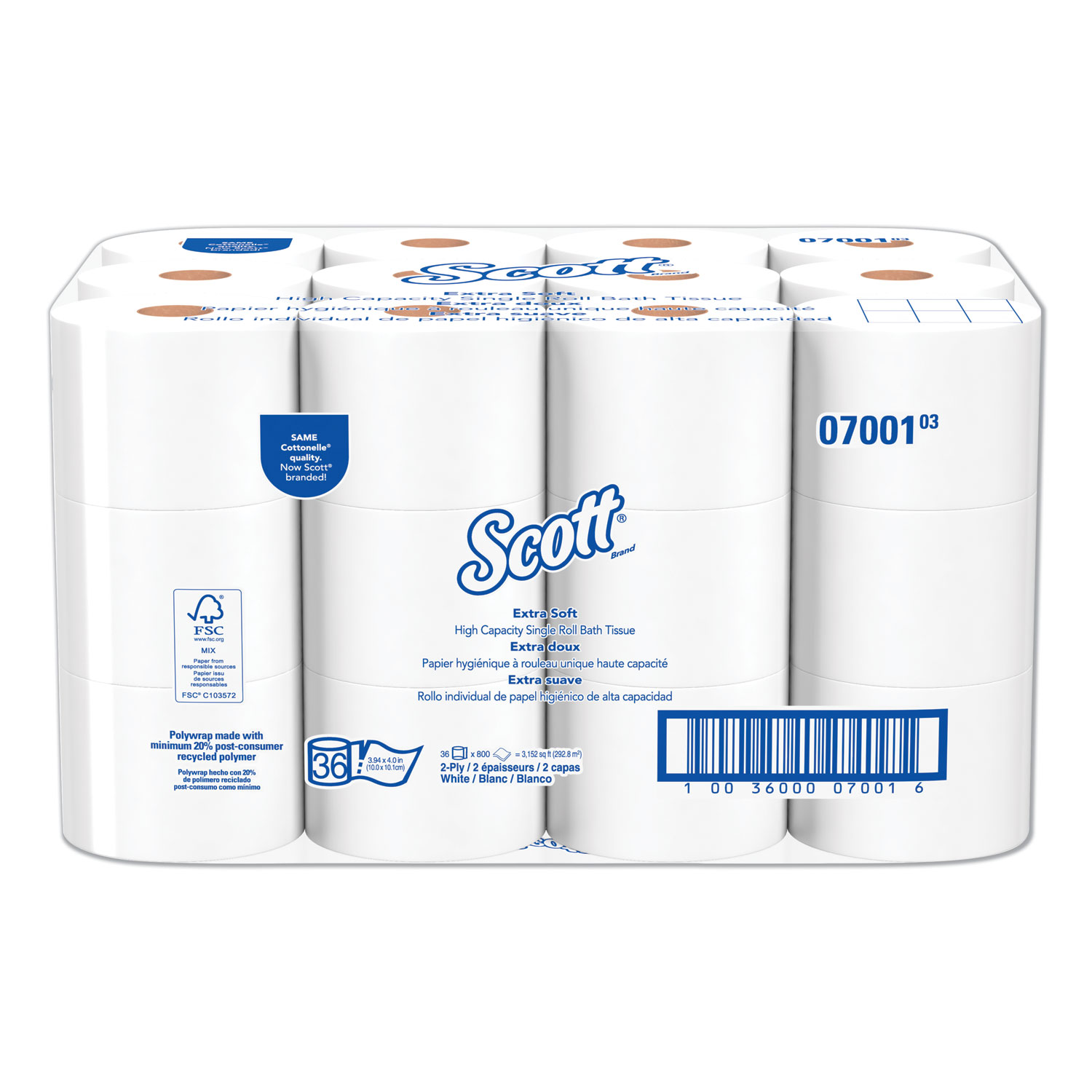  Scott 07001 Essential Extra Soft Coreless Standard Roll Bath Tissue, Septic Safe, 2-Ply, White, 800 Sheets/Roll, 36 Rolls/Carton (KCC07001) 
