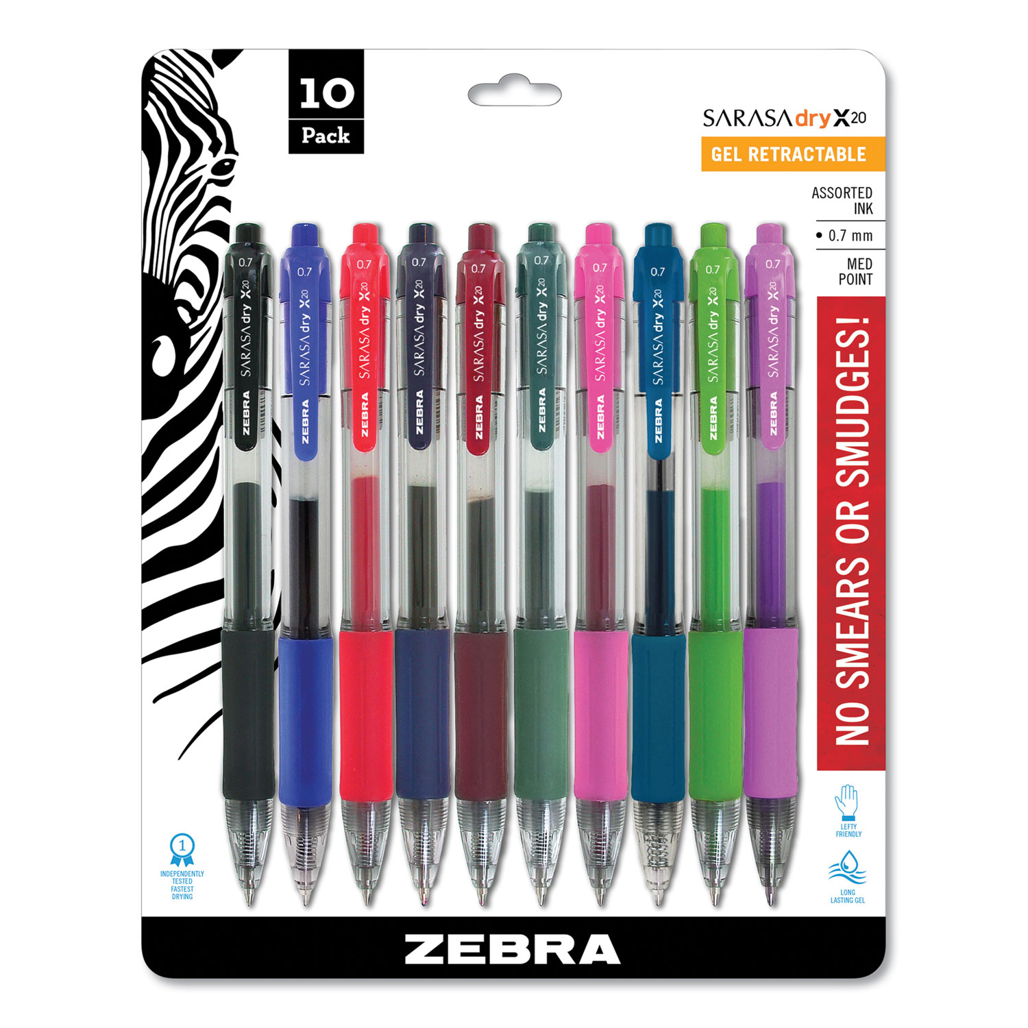  Zebra 46881 Sarasa Dry Gel X20 Retractable Gel Pen, Medium 0.7mm, Assorted Ink/Barrel, 10/Pack (ZEB46881) 