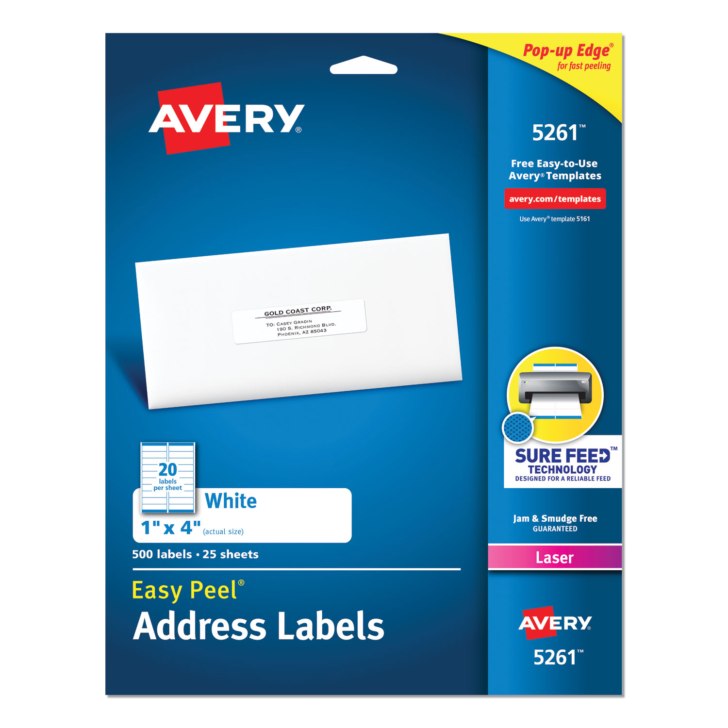 Avery 05261 Easy Peel White Address Labels with Sure Feed Technology, Laser Printers, 1 x 4, White, 20/Sheet, 25 Sheets/Pack (AVE5261) 