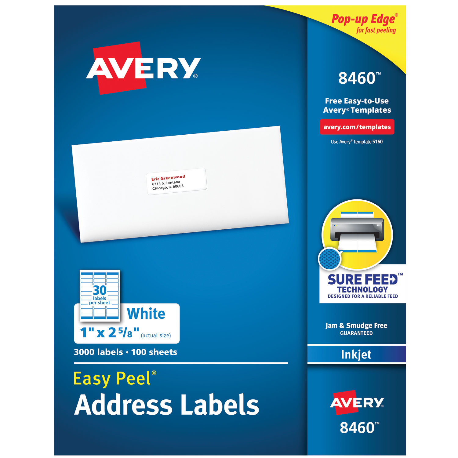  Avery 08460 Easy Peel White Address Labels with Sure Feed Technology, Inkjet Printers, 1 x 2.63, White, 30/Sheet, 100 Sheets/Box (AVE8460) 