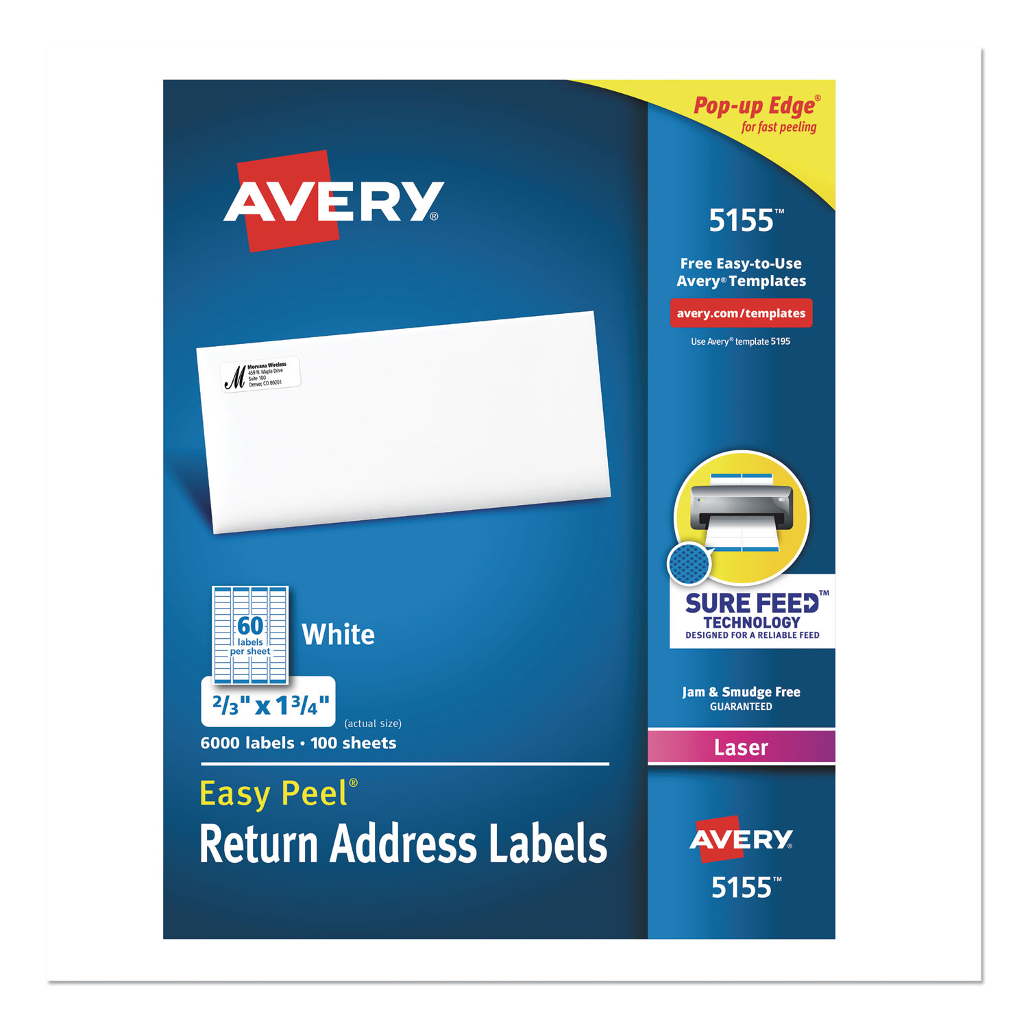  Avery 05155 Easy Peel White Address Labels with Sure Feed Technology, Laser Printers, 0.66 x 1.75, White, 60/Sheet, 100 Sheets/Pack (AVE5155) 