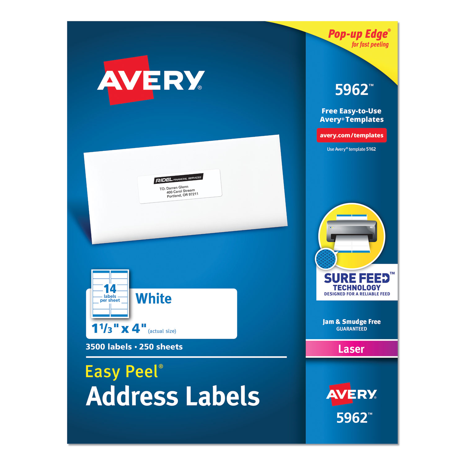  Avery 05962 Easy Peel White Address Labels with Sure Feed Technology, Laser Printers, 1.33 x 4, White, 14/Sheet, 250 Sheets/Box (AVE5962) 