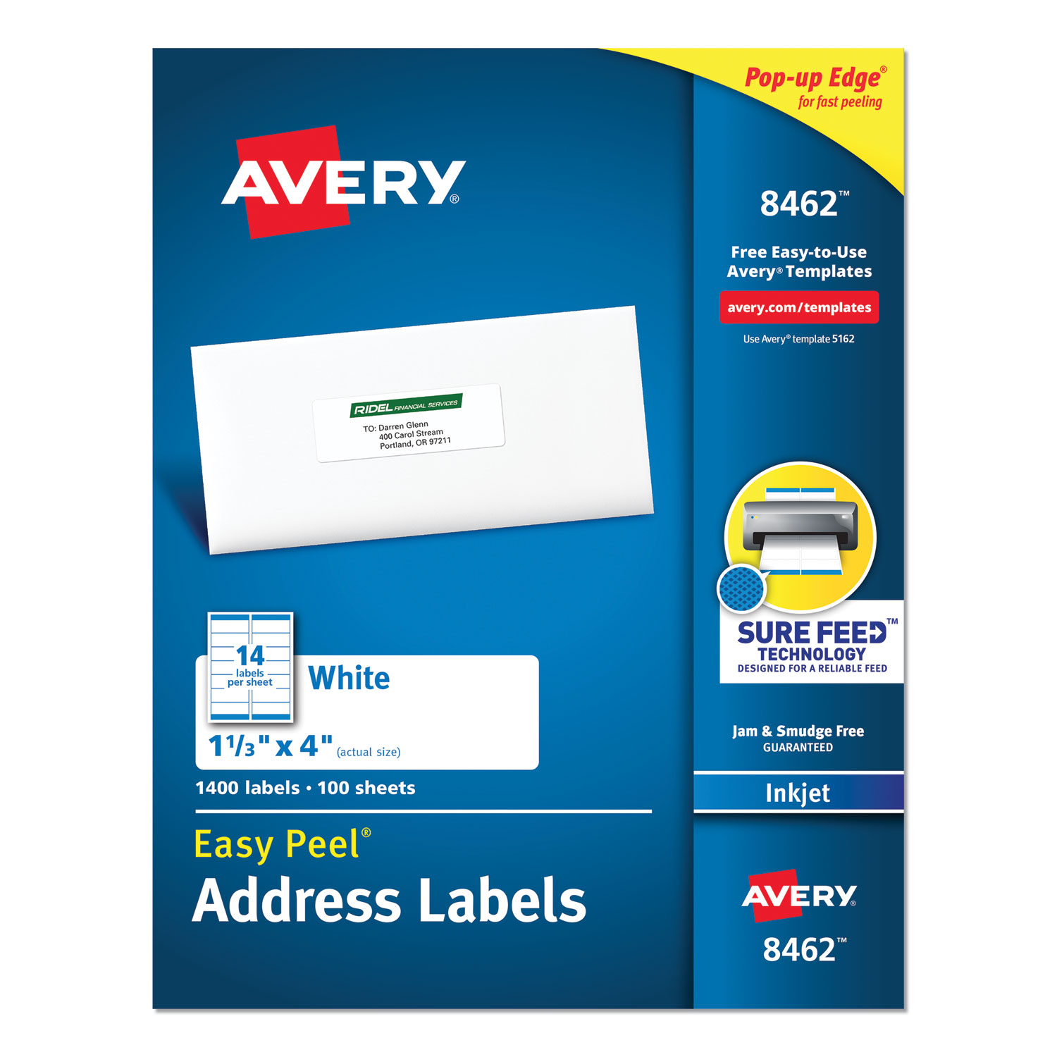  Avery 08462 Easy Peel White Address Labels with Sure Feed Technology, Inkjet Printers, 1.33 x 4, White, 14/Sheet, 100 Sheets/Box (AVE8462) 