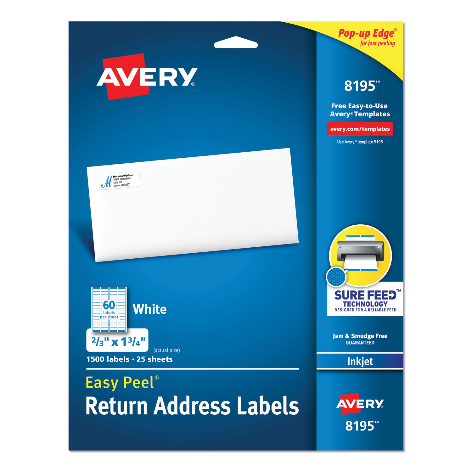  Avery 08195 Easy Peel White Address Labels with Sure Feed Technology, Inkjet Printers, 0.66 x 1.75, White, 60/Sheet, 25 Sheets/Pack (AVE8195) 