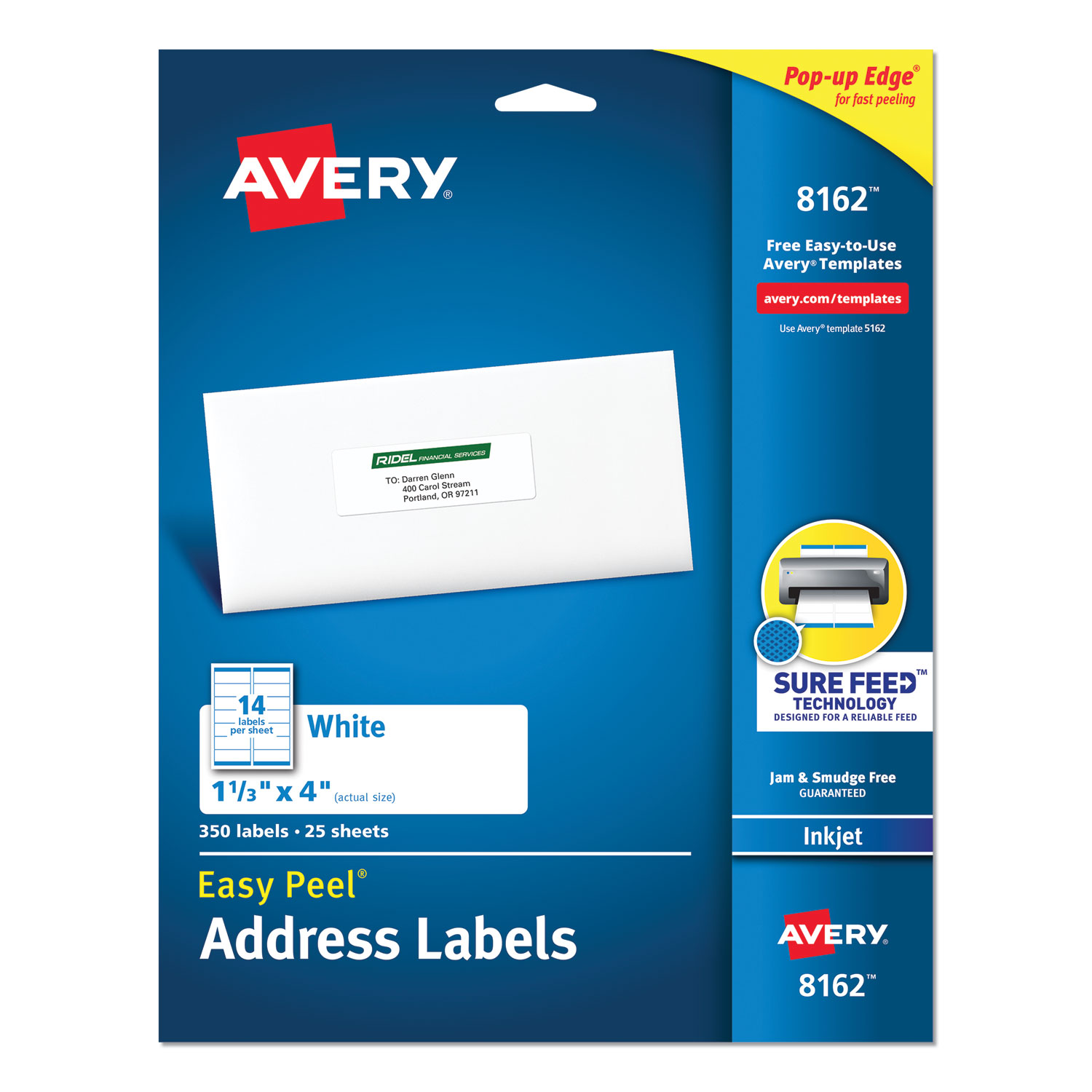 Easy Peel White Address Labels w/ Sure Feed Technology, Inkjet Printers, 1.33 x 4, White, 14/Sheet, 25 Sheets/Pack