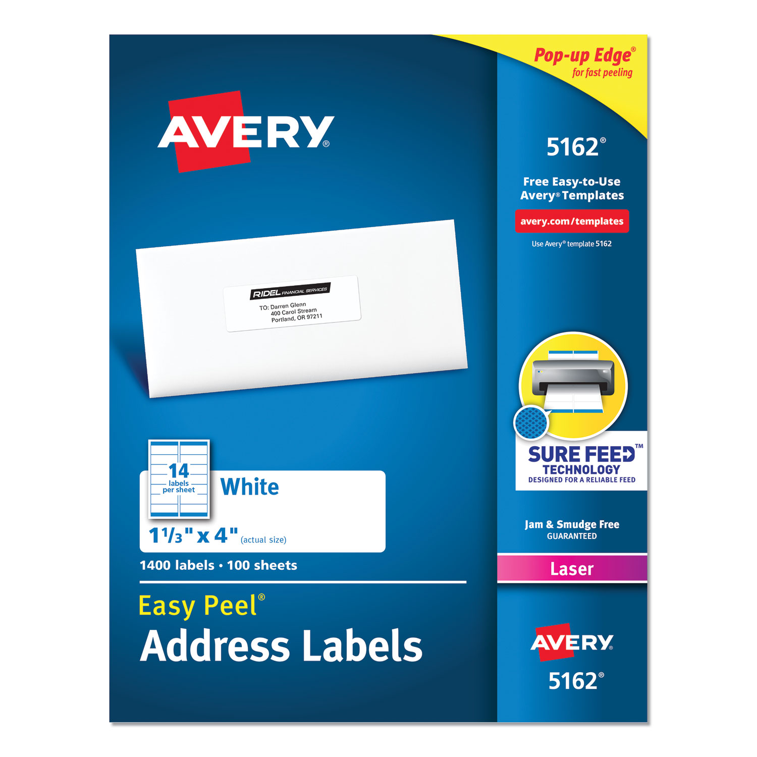 Easy Peel White Address Labels w/ Sure Feed Technology, Laser Printers, 1.33 x 4, White, 14/Sheet, 100 Sheets/Box