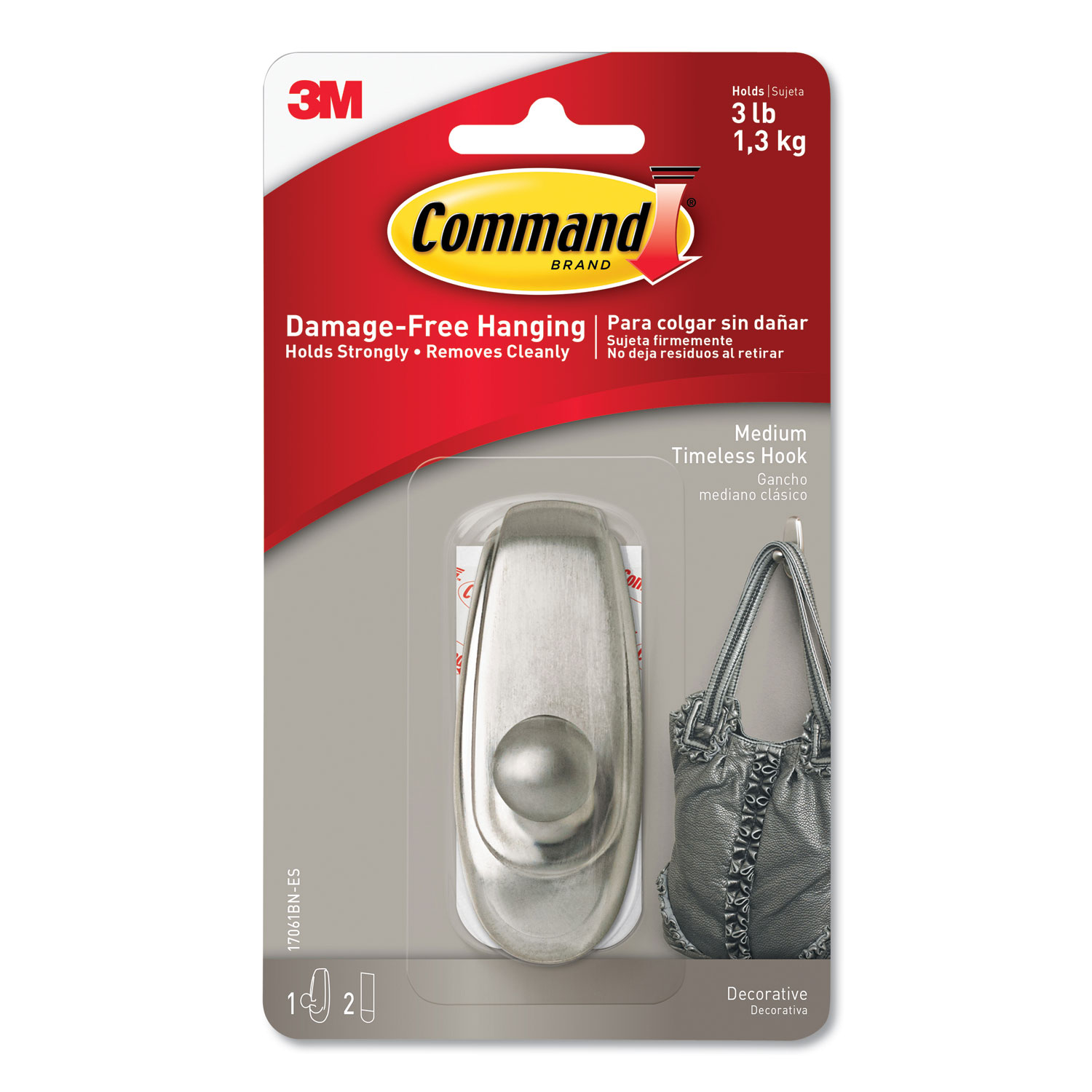  Command 17061BN-ES Decorative Hooks, Timeless, Medium, 1 Hook & 2 Strips/Pack (MMM17061BNES) 