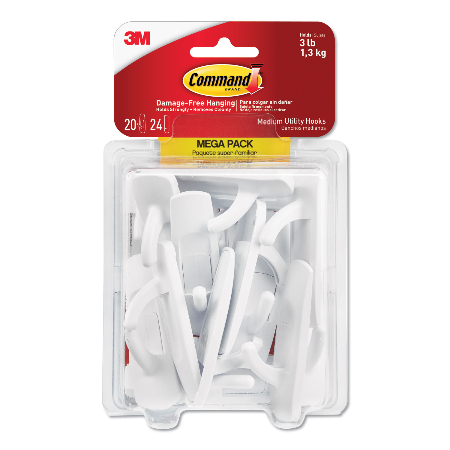  Command 17001-MPES General Purpose Hooks, Medium, 3 lb Cap, White, 20 Hooks and 24 Strips/Pack (MMM17001MPES) 