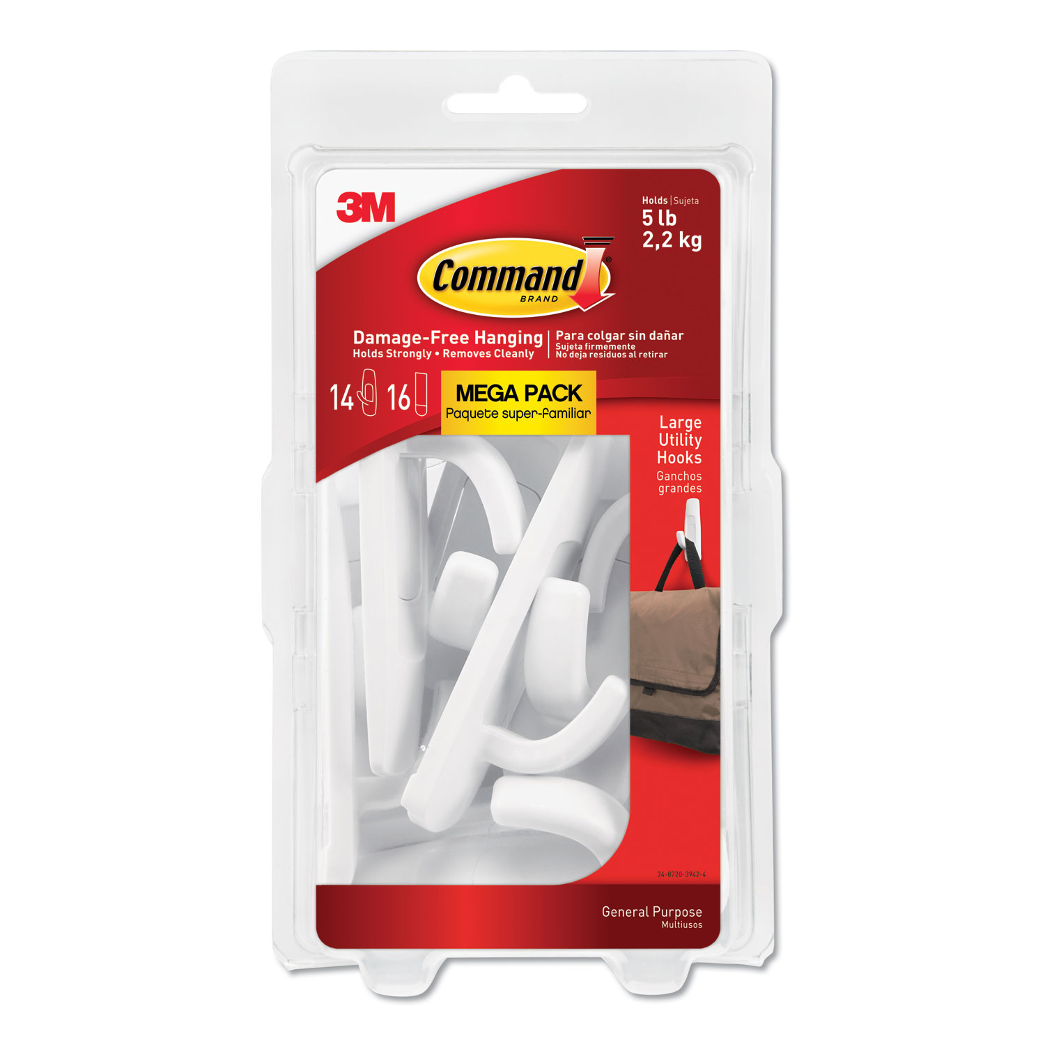  Command 17003-MPES General Purpose Hooks, Large, 5 lb Cap, White, 14 Hooks and 16 Strips/Pack (MMM17003MPES) 